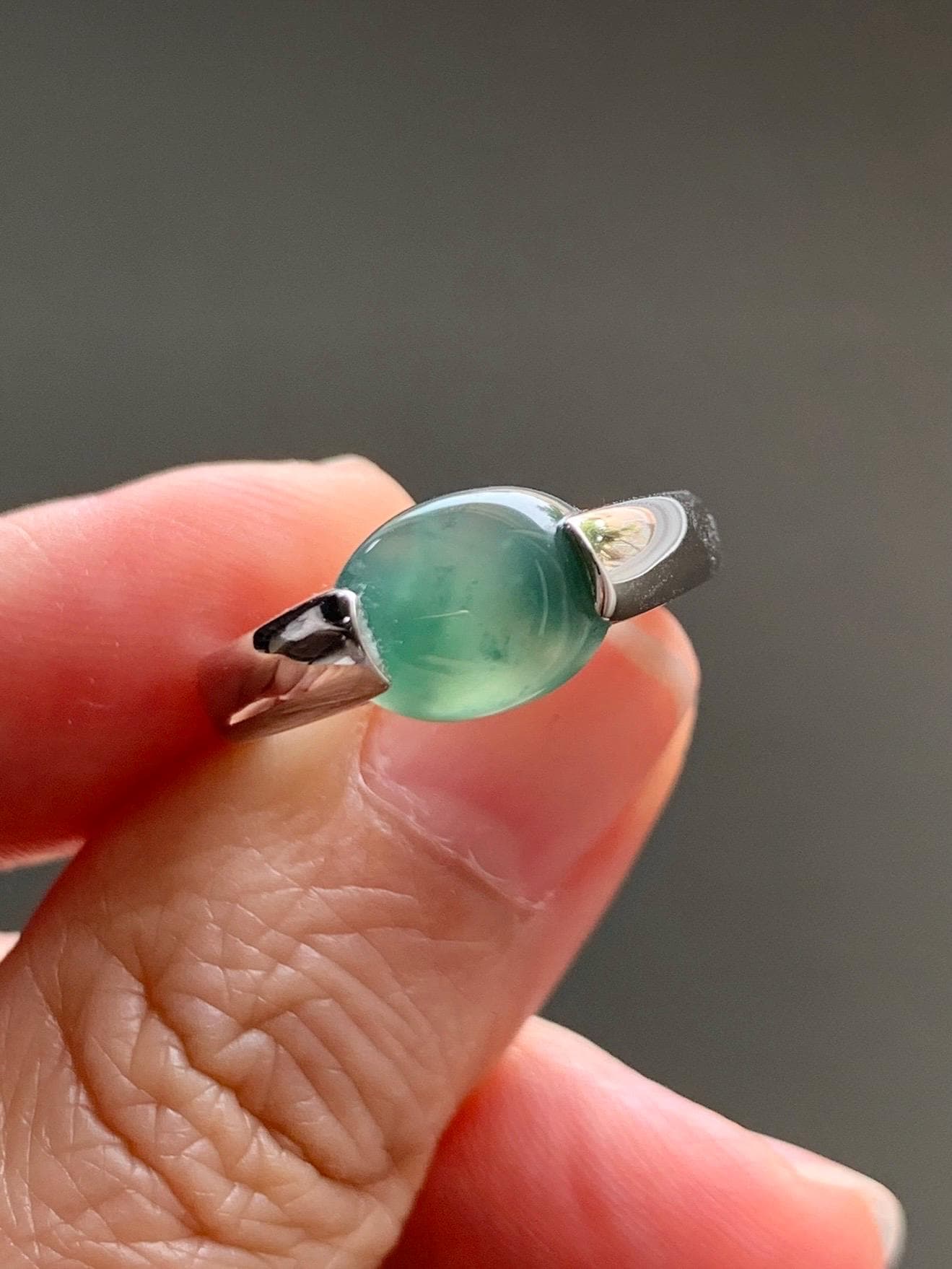 Natural Grade A Guatemalan Icy Translucent Teal Green Oval Cabochon Jade Jadeite Ring Sterling Silver Size 7 US 5g 天然冰危蓝绿翡翠银镶戒指 WHS512A