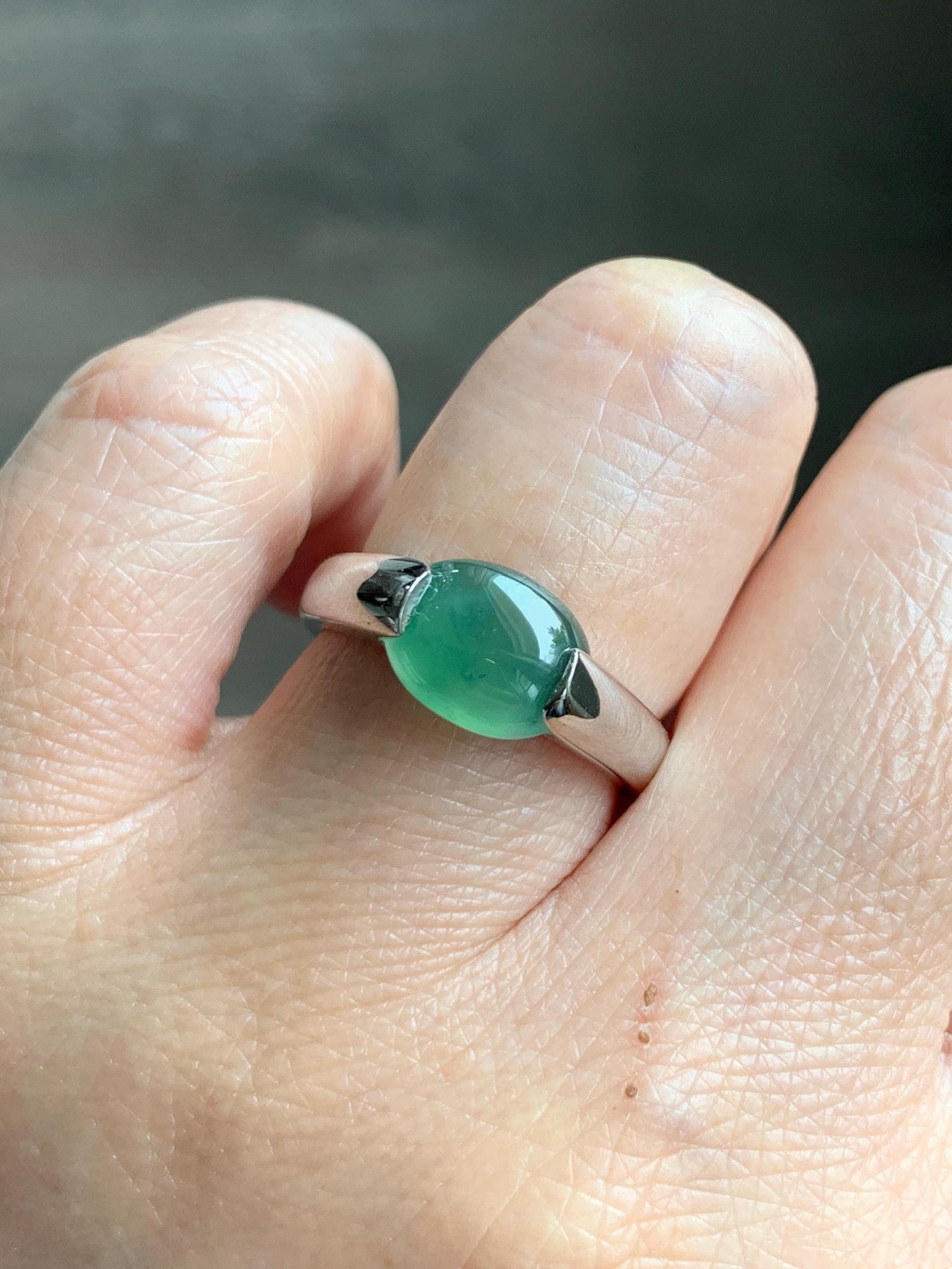 Natural Grade A Guatemalan Icy Translucent Teal Green Oval Cabochon Jade Jadeite Ring Sterling Silver Size 7 US 5g 天然冰危蓝绿翡翠银镶戒指 WHS512A