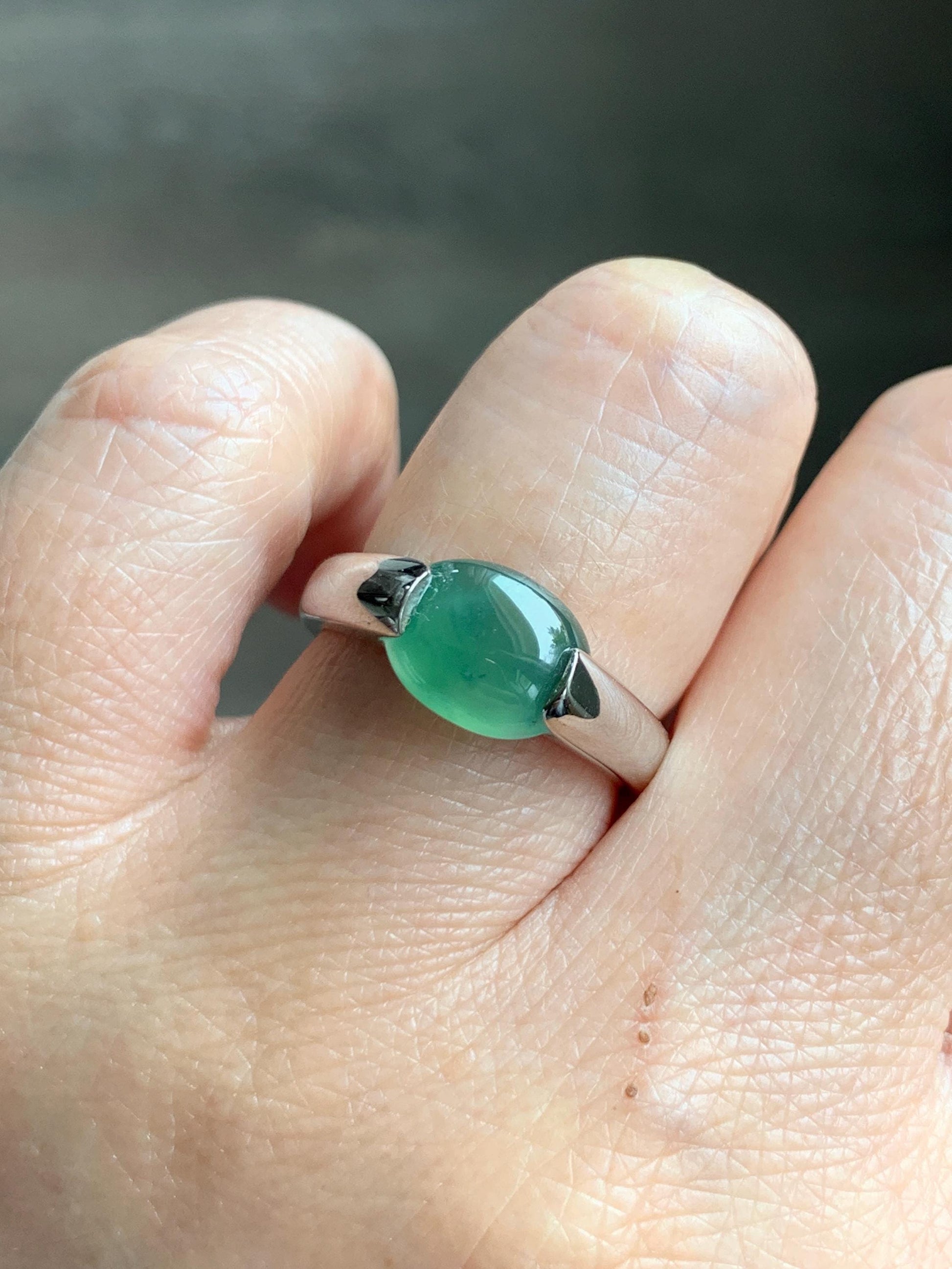 Natural Grade A Guatemalan Icy Translucent Teal Green Oval Cabochon Jade Jadeite Ring Sterling Silver Size 7 US 5g 天然冰危蓝绿翡翠银镶戒指 WHS512A