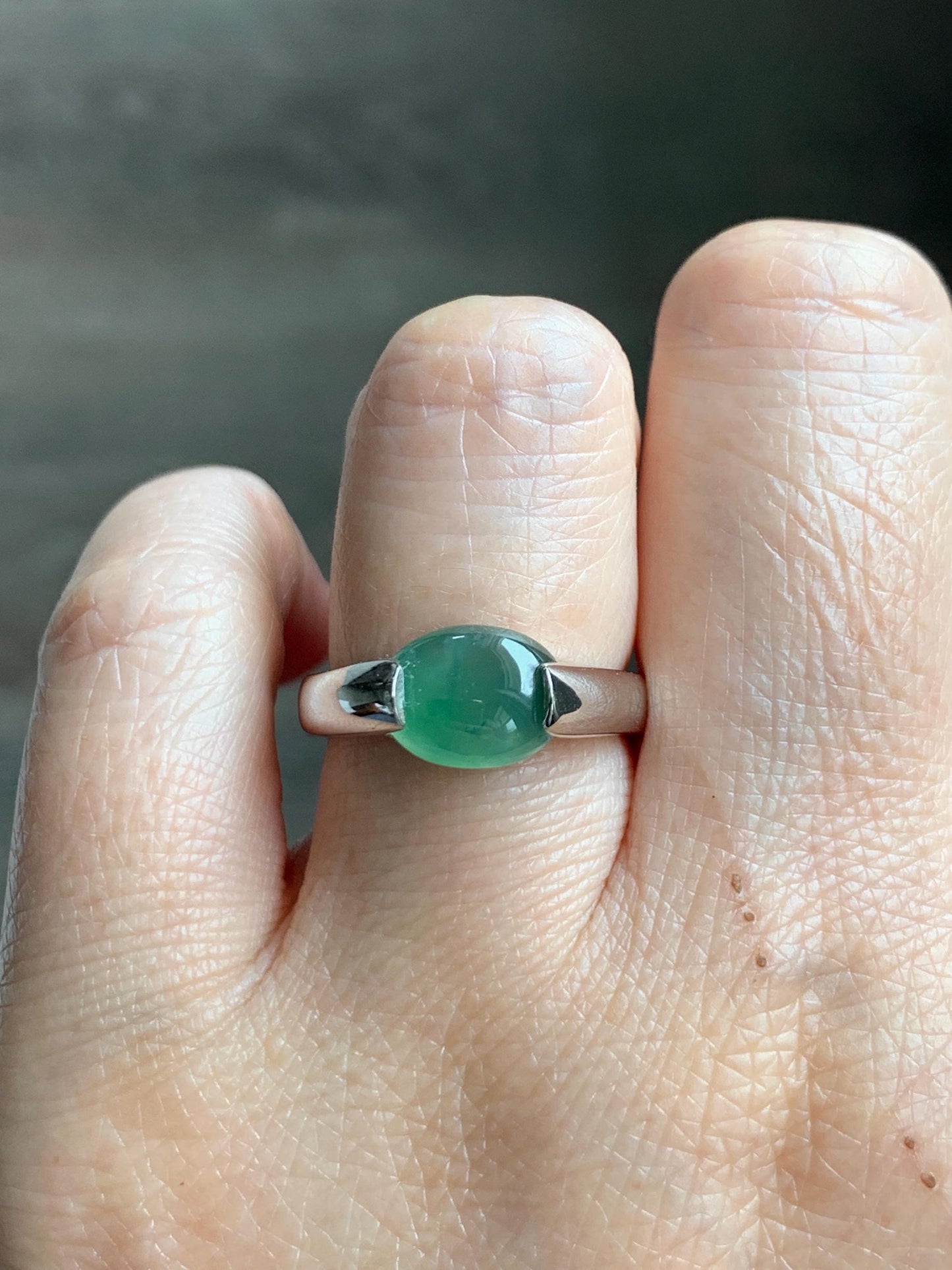 Natural Grade A Guatemalan Icy Translucent Teal Green Oval Cabochon Jade Jadeite Ring Sterling Silver Size 7 US 5g 天然冰危蓝绿翡翠银镶戒指 WHS512A