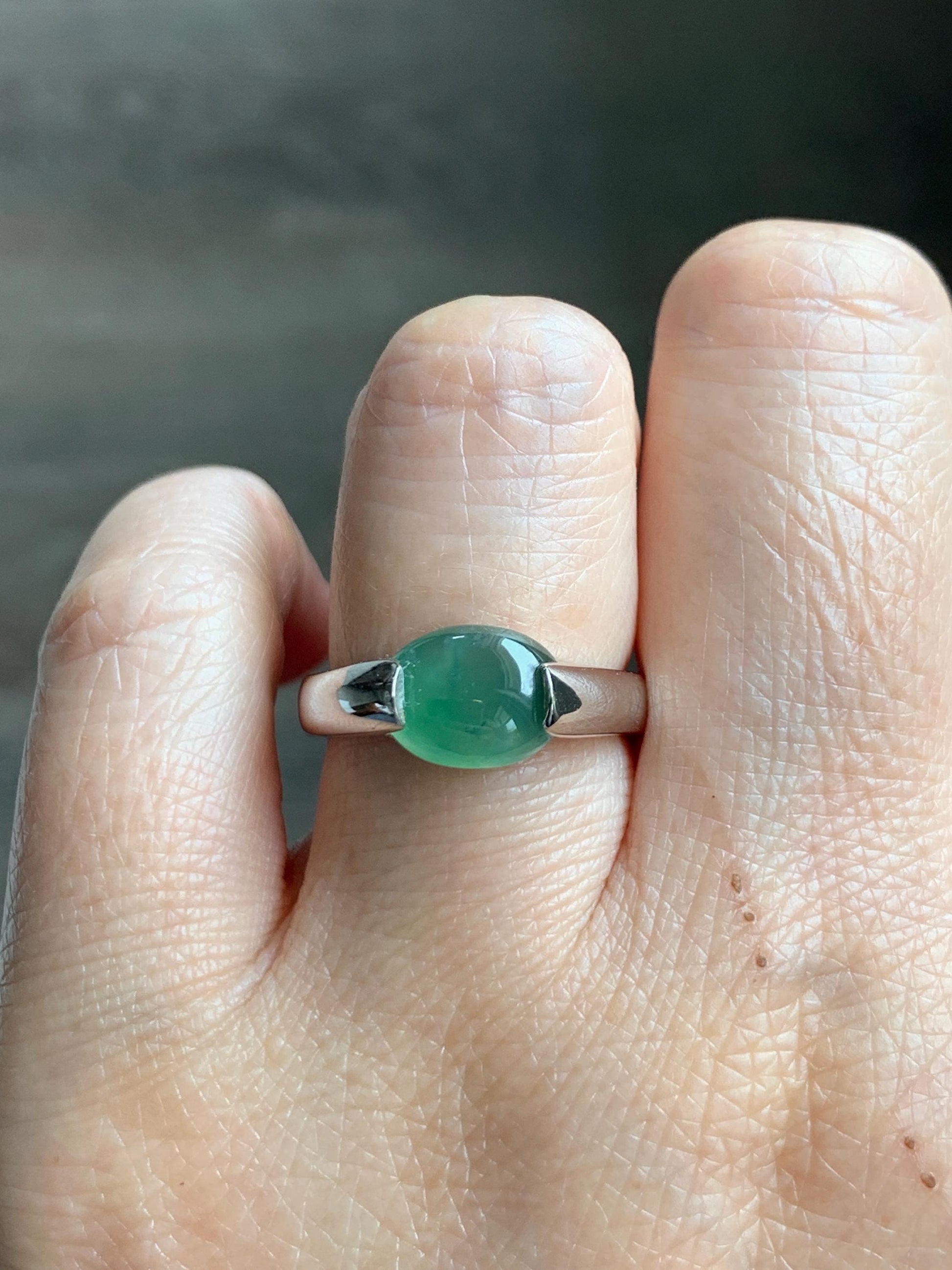 Natural Grade A Guatemalan Icy Translucent Teal Green Oval Cabochon Jade Jadeite Ring Sterling Silver Size 7 US 5g 天然冰危蓝绿翡翠银镶戒指 WHS512A