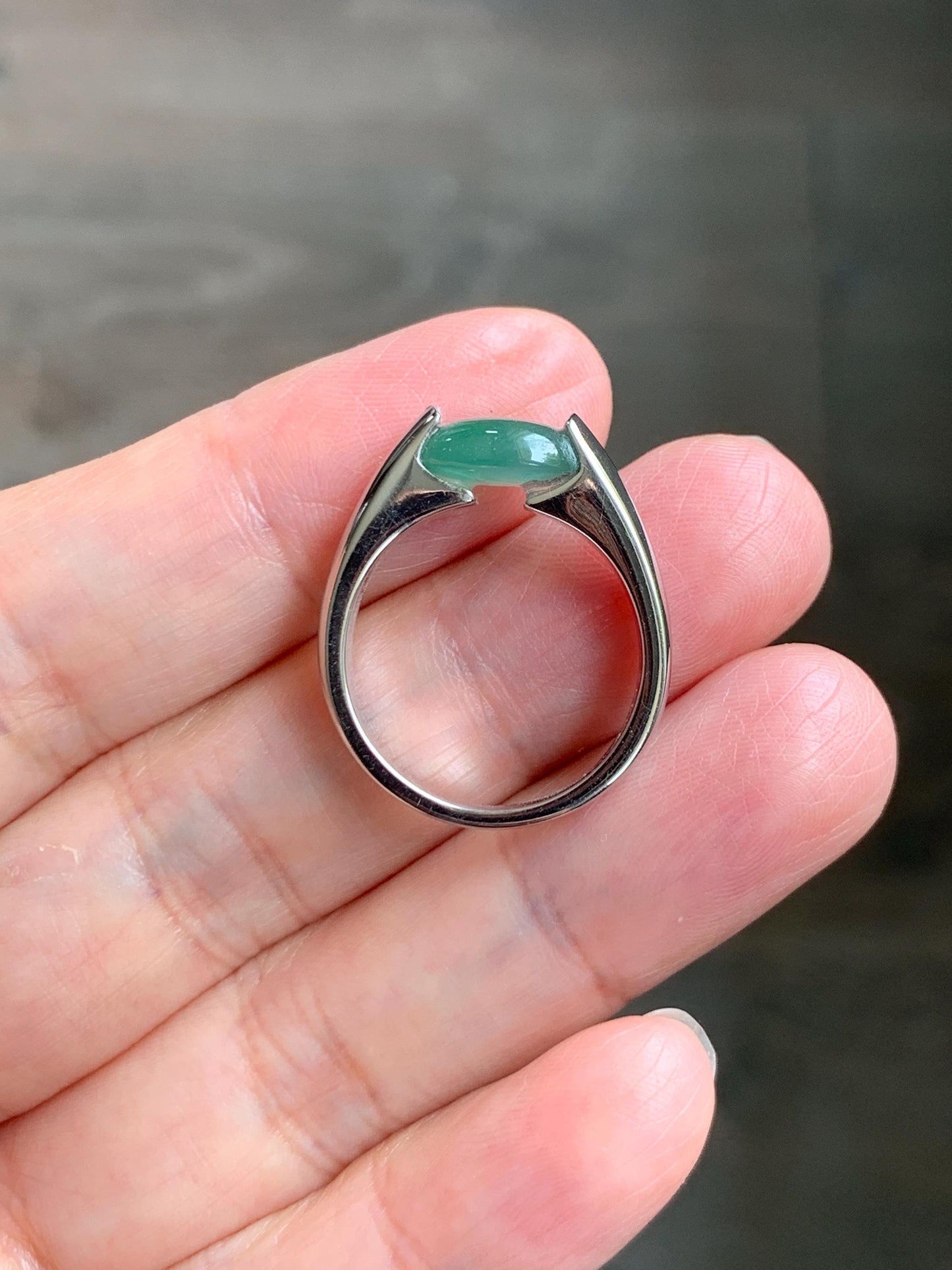 Natural Grade A Guatemalan Icy Translucent Teal Green Oval Cabochon Jade Jadeite Ring Sterling Silver Size 7 US 5g 天然冰危蓝绿翡翠银镶戒指 WHS512A