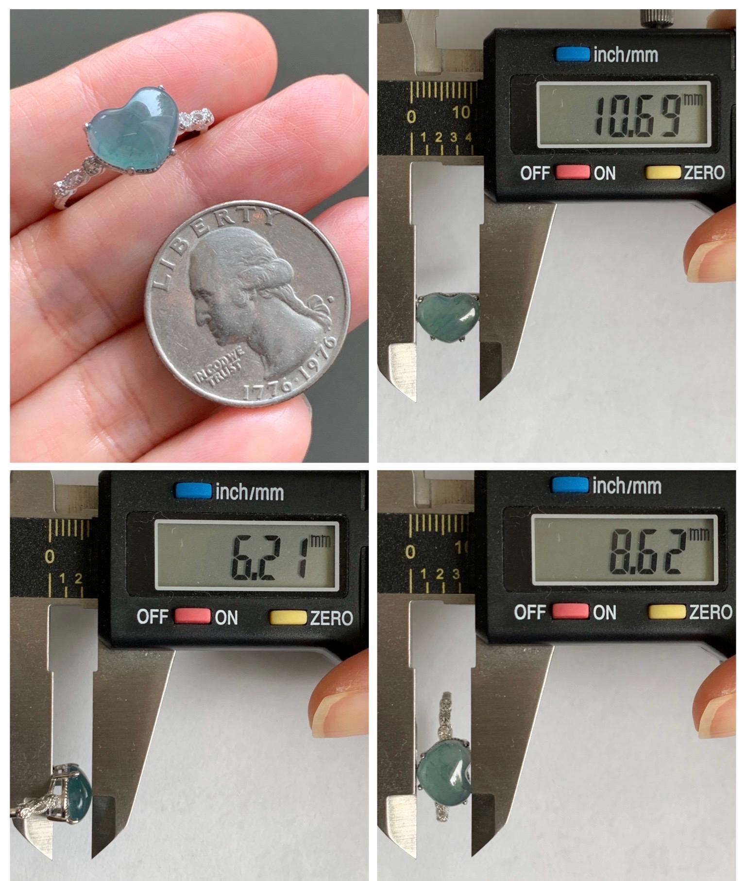 Natural Grade A Guatemalan Icy Highly Translucent Teal Blue Heart Jade Jadeite Ring Sterling Silver Size Adjustable 天然冰危蓝翡翠爱心蛋面银镶戒指 WXX88A