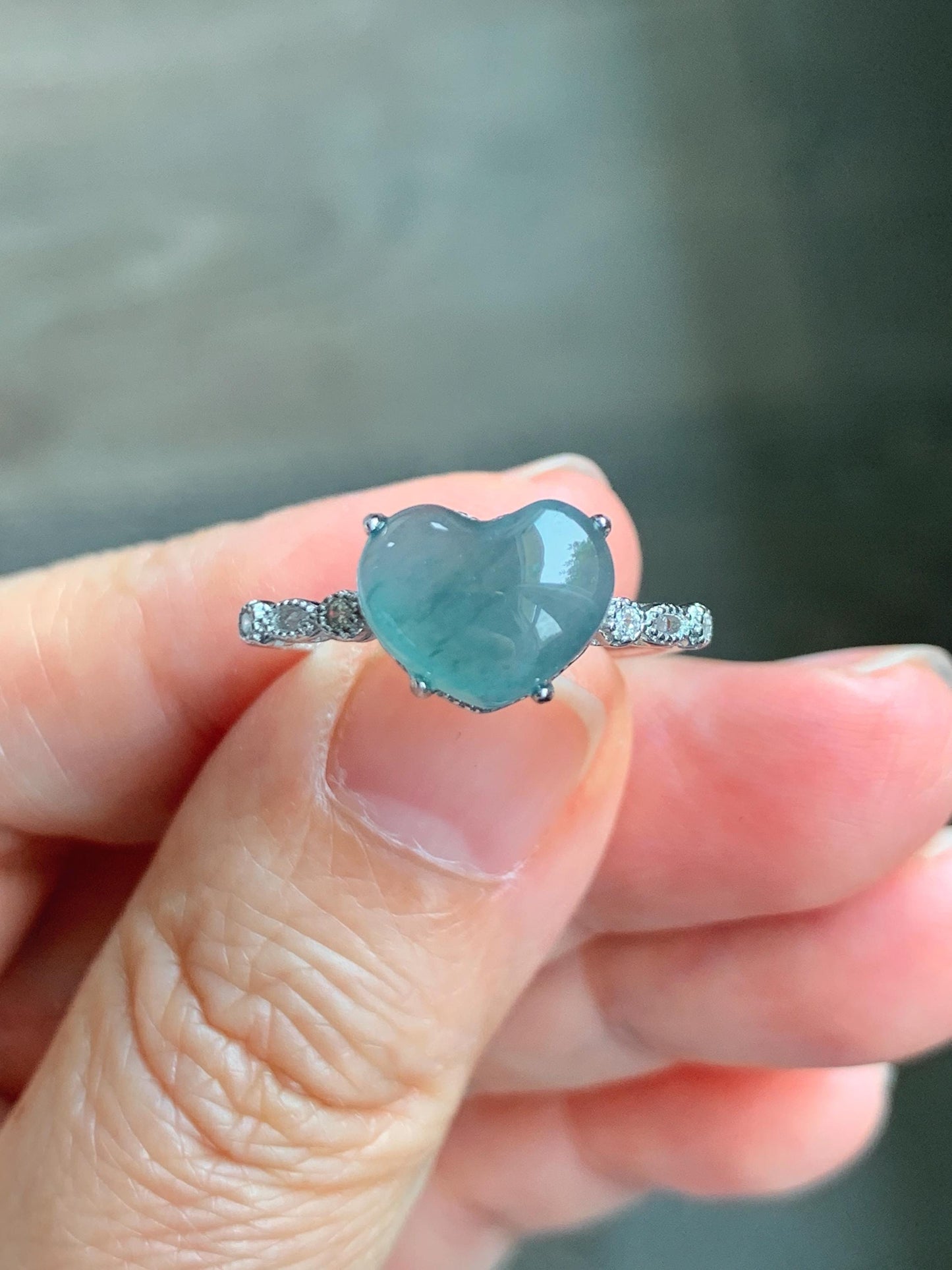 Natural Grade A Guatemalan Icy Highly Translucent Teal Blue Heart Jade Jadeite Ring Sterling Silver Size Adjustable 天然冰危蓝翡翠爱心蛋面银镶戒指 WXX88A