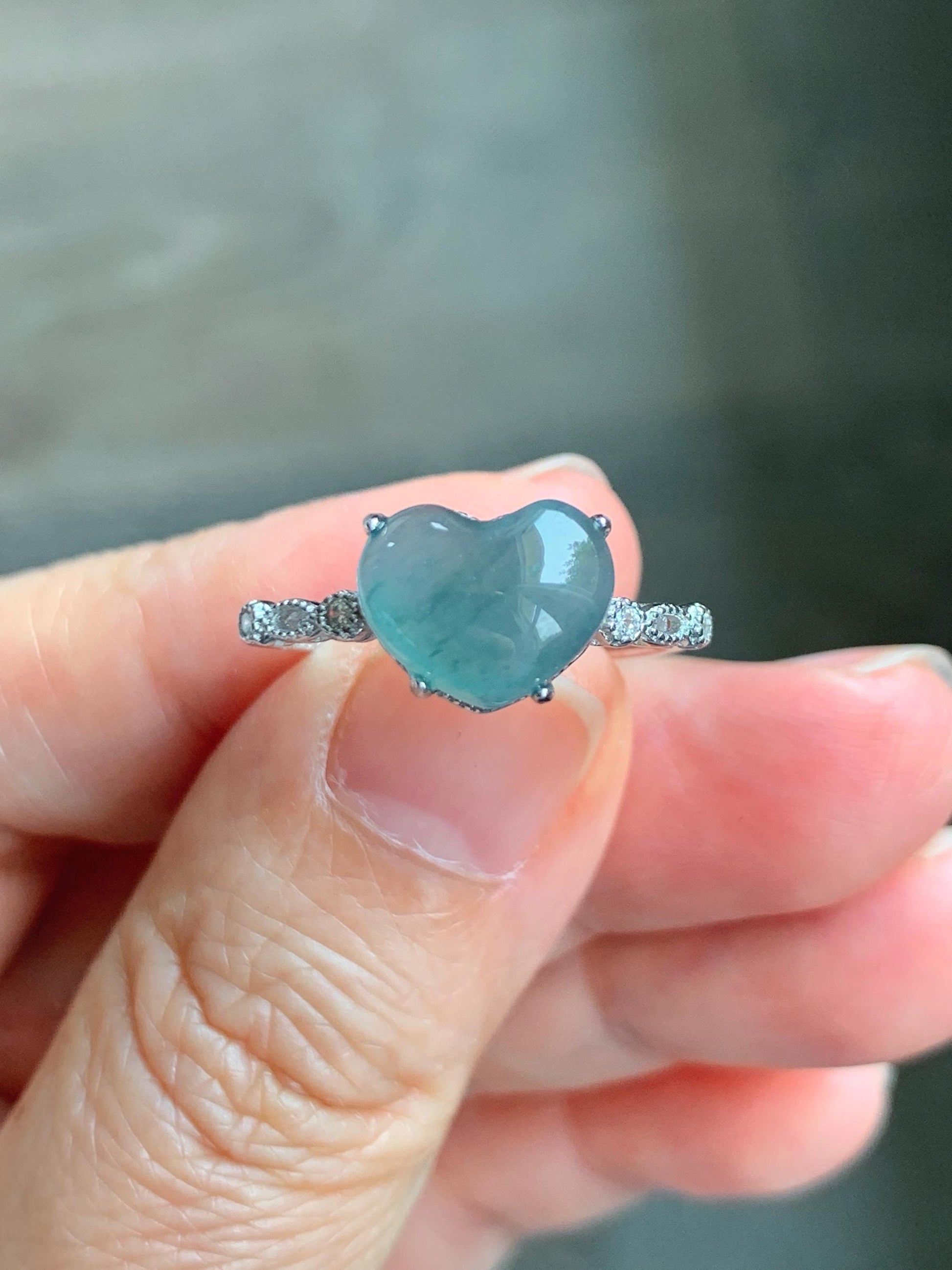 Natural Grade A Guatemalan Icy Highly Translucent Teal Blue Heart Jade Jadeite Ring Sterling Silver Size Adjustable 天然冰危蓝翡翠爱心蛋面银镶戒指 WXX88A