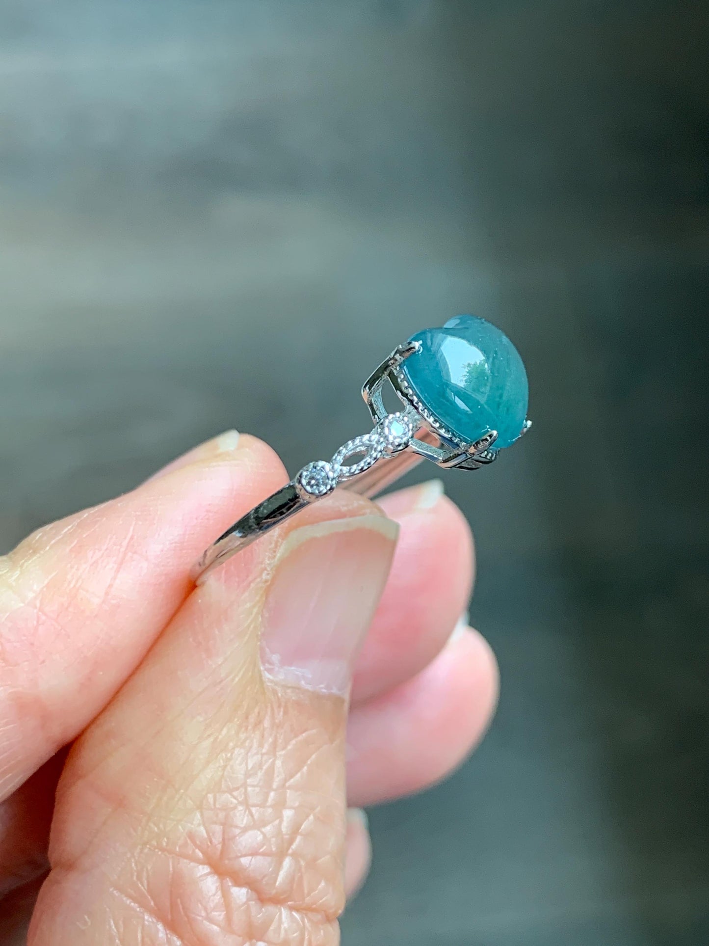 Natural Grade A Guatemalan Icy Highly Translucent Teal Blue Heart Jade Jadeite Ring Sterling Silver Size Adjustable 天然冰危蓝翡翠爱心蛋面银镶戒指 WXX88A