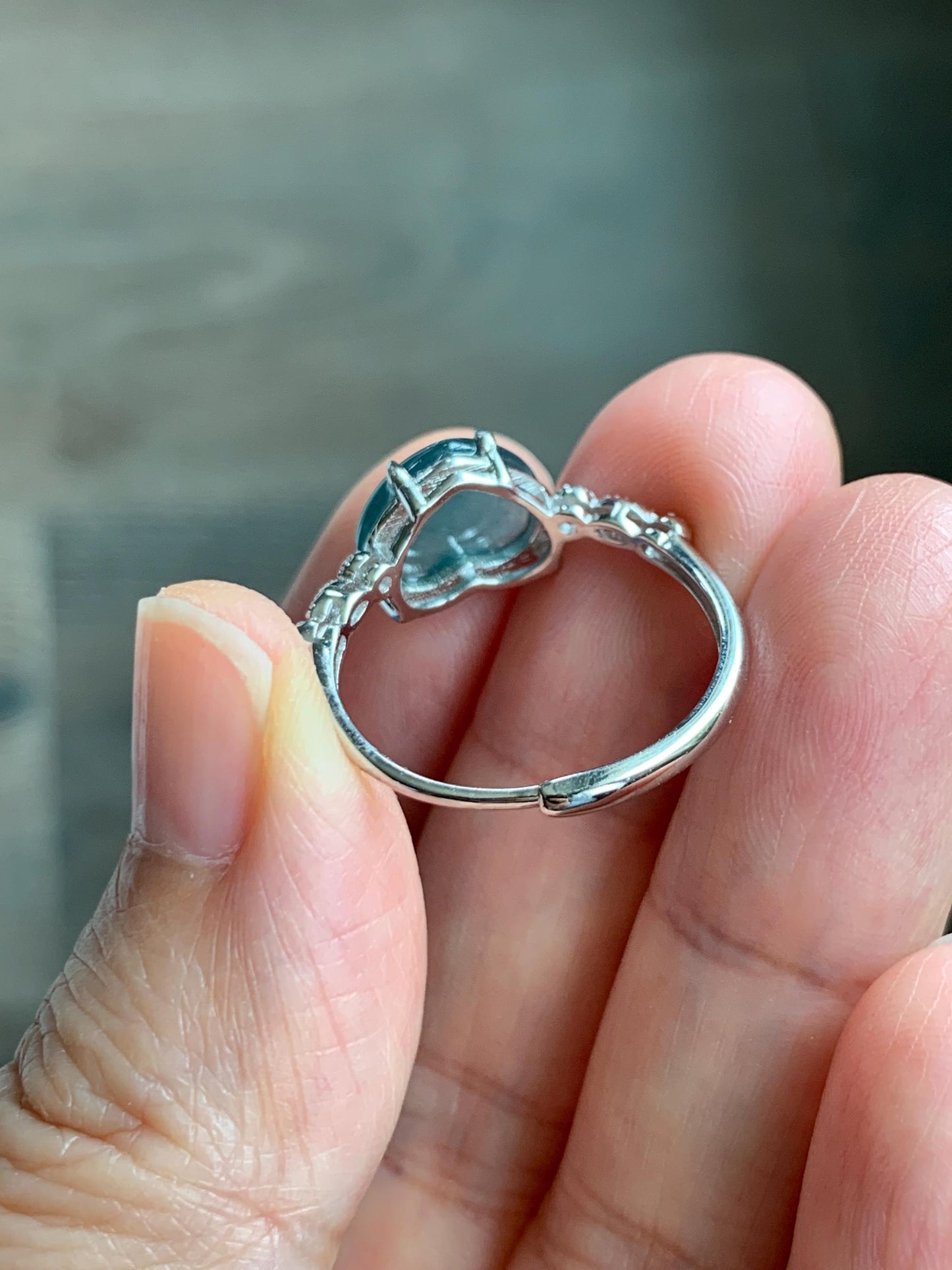 Natural Grade A Guatemalan Icy Highly Translucent Teal Blue Heart Jade Jadeite Ring Sterling Silver Size Adjustable 天然冰危蓝翡翠爱心蛋面银镶戒指 WXX88A