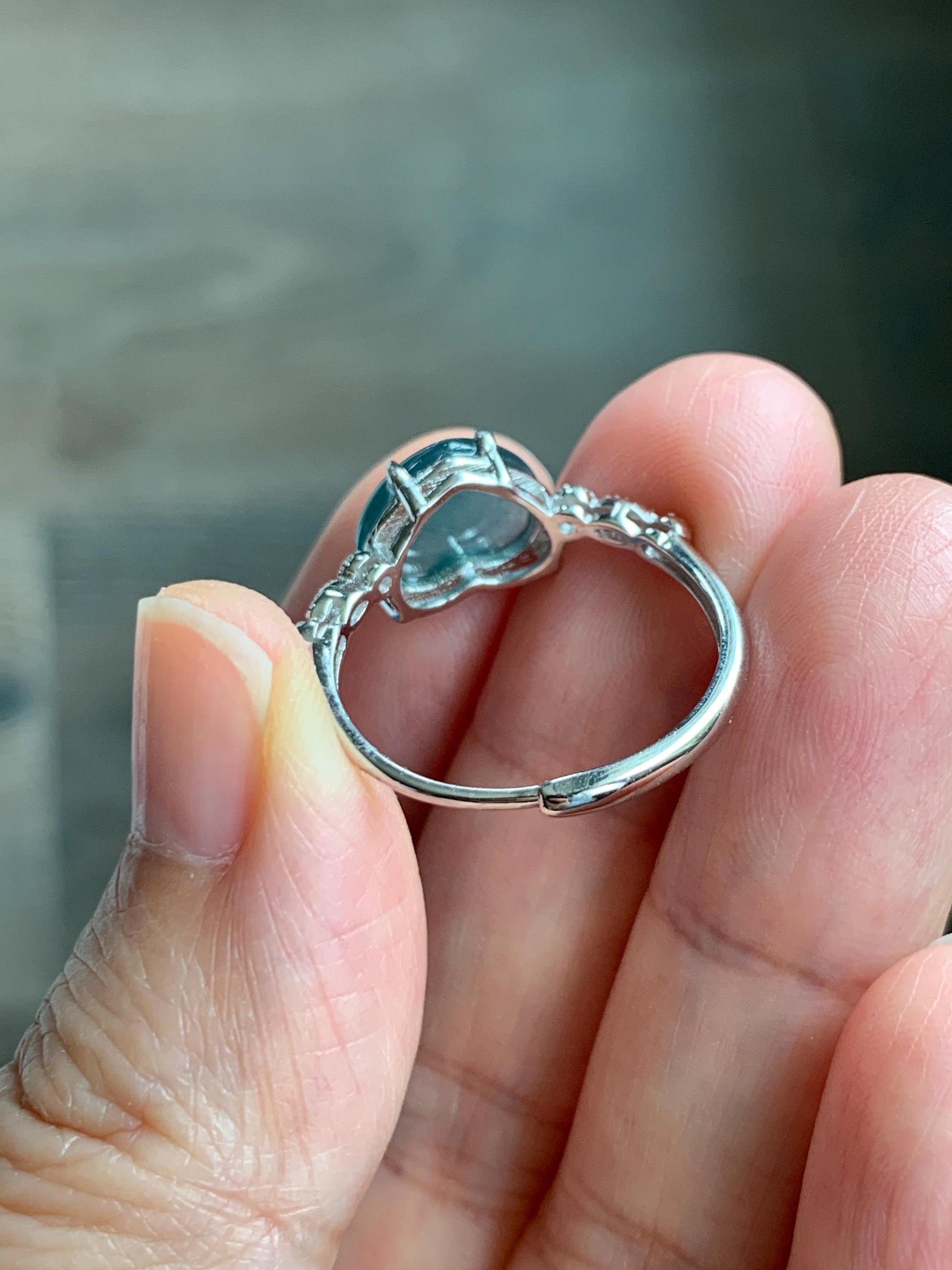 Natural Grade A Guatemalan Icy Highly Translucent Teal Blue Heart Jade Jadeite Ring Sterling Silver Size Adjustable 天然冰危蓝翡翠爱心蛋面银镶戒指 WXX88A