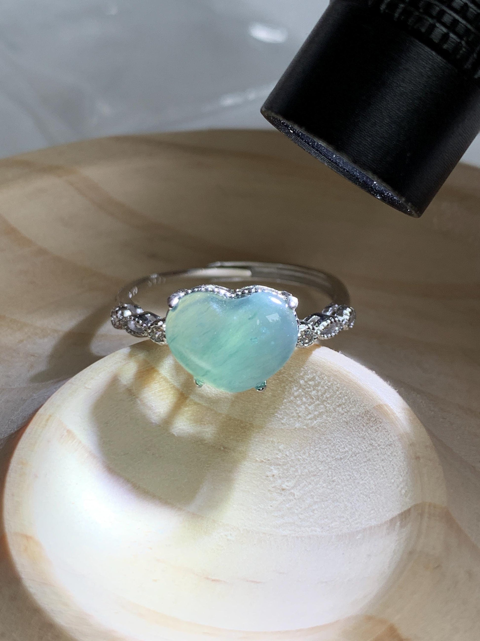 Natural Grade A Guatemalan Icy Highly Translucent Teal Blue Heart Jade Jadeite Ring Sterling Silver Size Adjustable 天然冰危蓝翡翠爱心蛋面银镶戒指 WXX88A