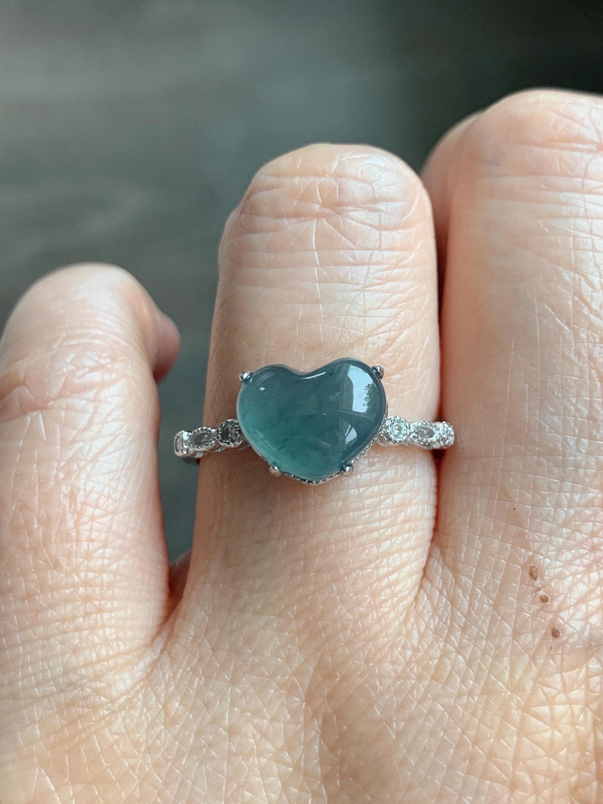 Natural Grade A Guatemalan Icy Highly Translucent Teal Blue Heart Jade Jadeite Ring Sterling Silver Size Adjustable 天然冰危蓝翡翠爱心蛋面银镶戒指 WXX88A
