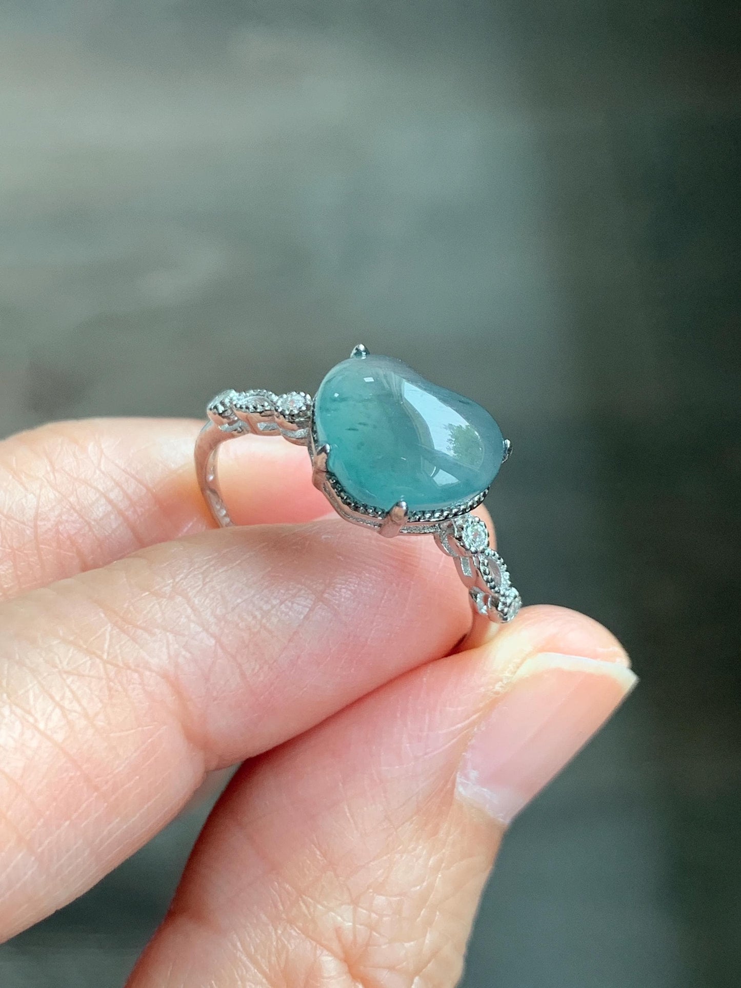 Natural Grade A Guatemalan Icy Highly Translucent Teal Blue Heart Jade Jadeite Ring Sterling Silver Size Adjustable 天然冰危蓝翡翠爱心蛋面银镶戒指 WXX88A