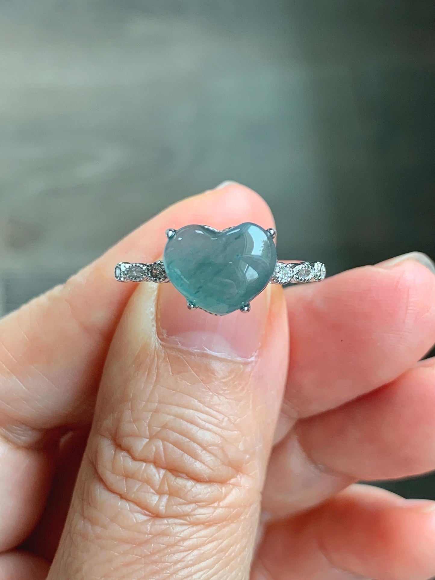 Natural Grade A Guatemalan Icy Highly Translucent Teal Blue Heart Jade Jadeite Ring Sterling Silver Size Adjustable 天然冰危蓝翡翠爱心蛋面银镶戒指 WXX88A