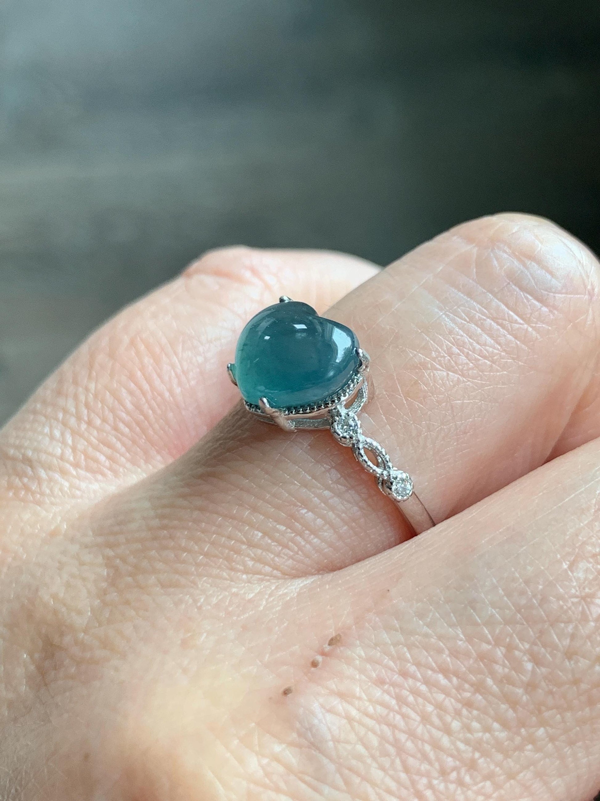 Natural Grade A Guatemalan Icy Highly Translucent Teal Blue Heart Jade Jadeite Ring Sterling Silver Size Adjustable 天然冰危蓝翡翠爱心蛋面银镶戒指 WXX88A