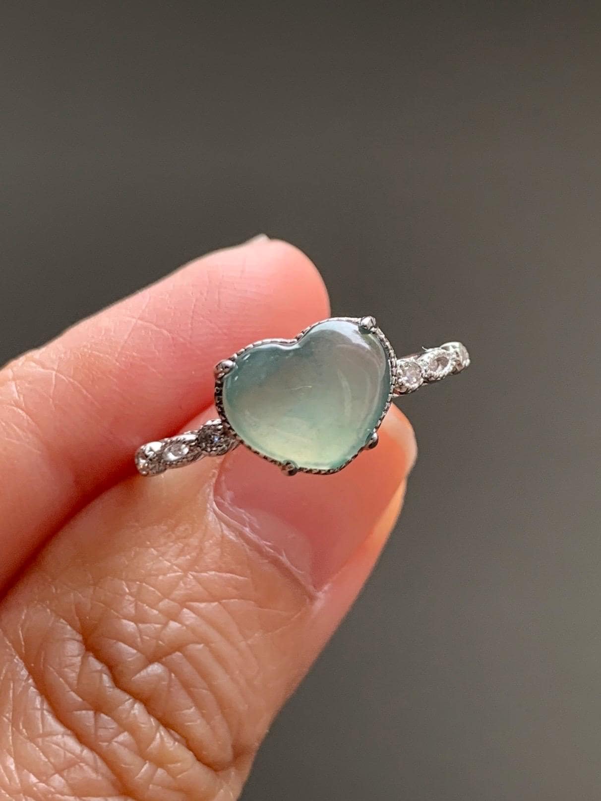 Natural Grade A Guatemalan Icy Highly Translucent Teal Green Heart Jade Jadeite Ring Sterling Silver Size Adjustable 天然冰危浅绿翡翠爱心蛋面银镶戒指 WXX88B