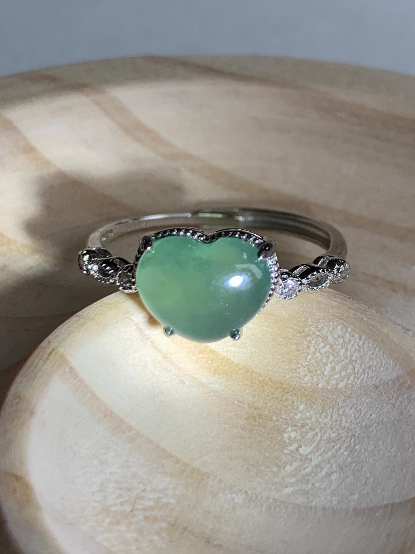 Natural Grade A Guatemalan Icy Highly Translucent Teal Green Heart Jade Jadeite Ring Sterling Silver Size Adjustable 天然冰危浅绿翡翠爱心蛋面银镶戒指 WXX88B