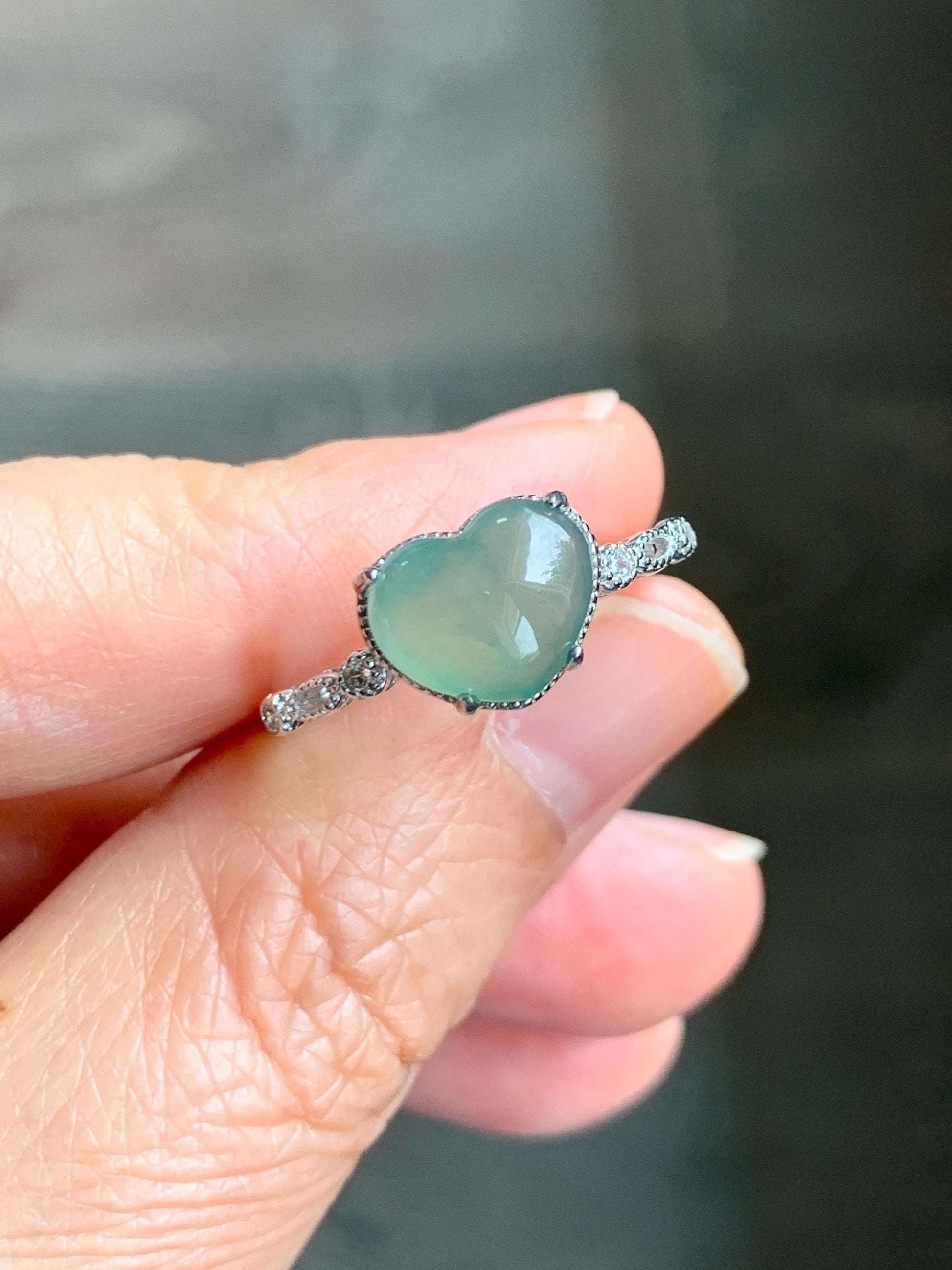 Natural Grade A Guatemalan Icy Highly Translucent Teal Green Heart Jade Jadeite Ring Sterling Silver Size Adjustable 天然冰危浅绿翡翠爱心蛋面银镶戒指 WXX88B