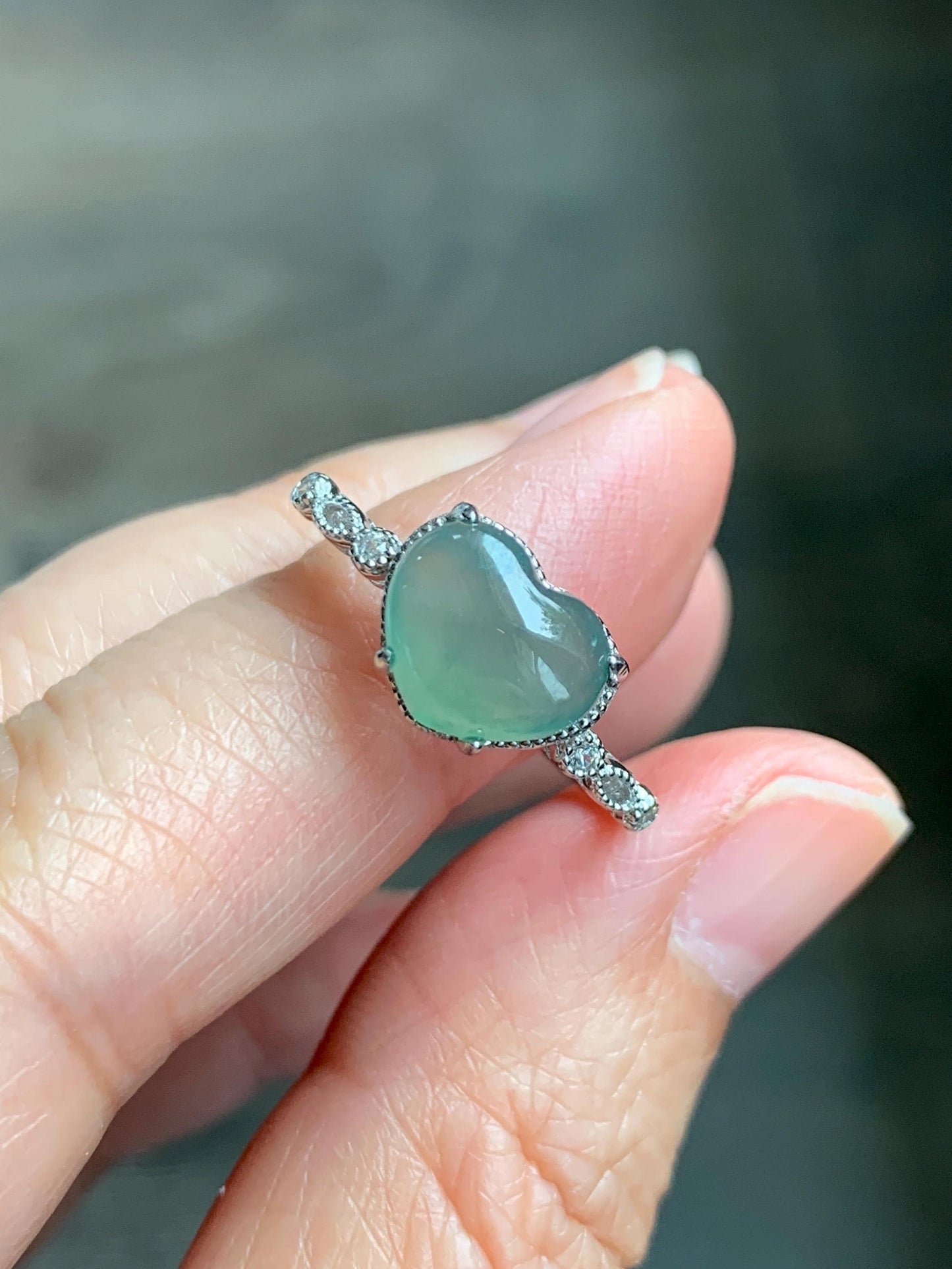 Natural Grade A Guatemalan Icy Highly Translucent Teal Green Heart Jade Jadeite Ring Sterling Silver Size Adjustable 天然冰危浅绿翡翠爱心蛋面银镶戒指 WXX88B