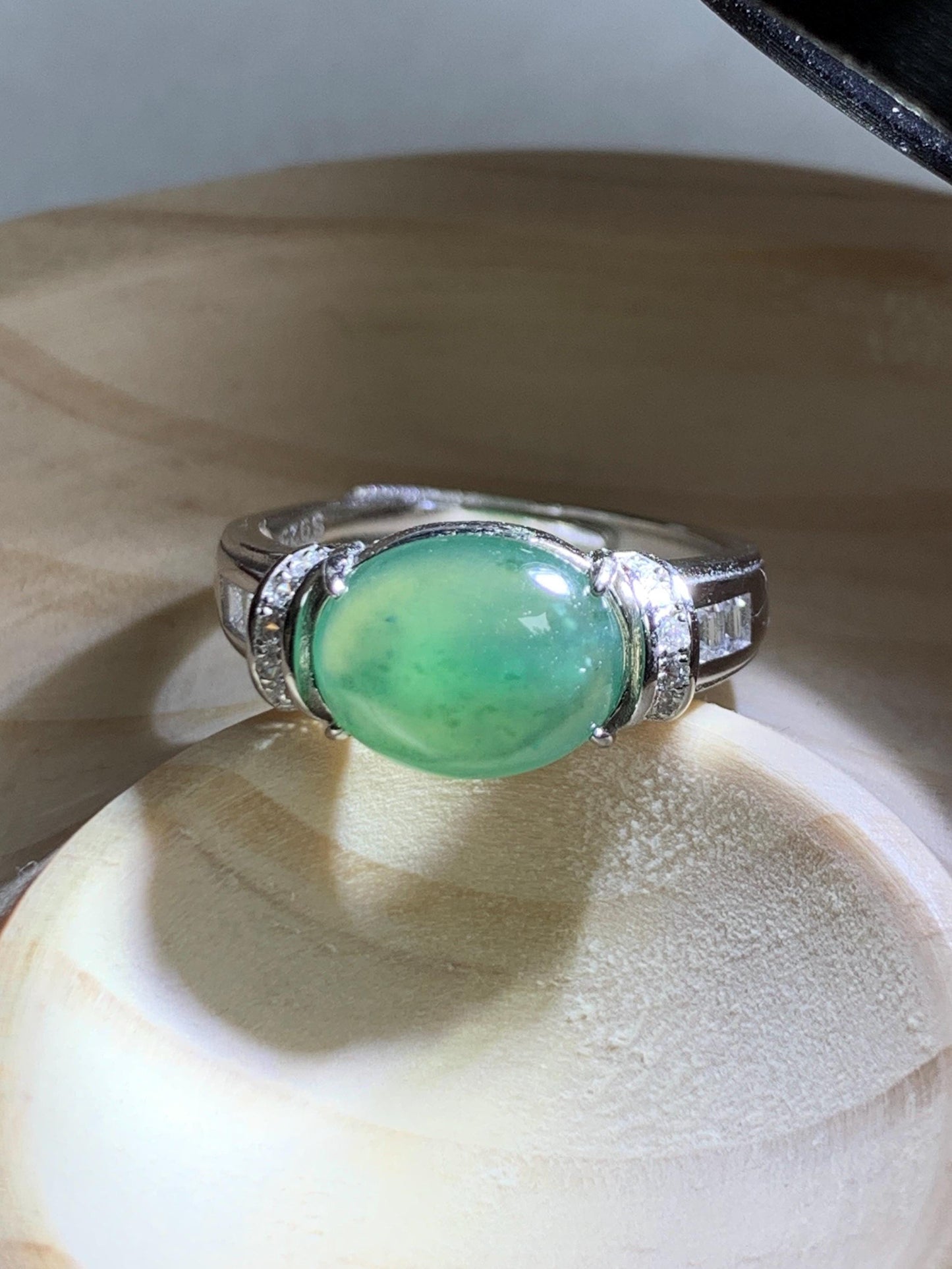 Natural Grade A Guatemalan Icy Highly Translucent Teal Green Oval Jade Jadeite Ring Sterling Silver Size 7 US 3g 天然冰危蓝绿翡翠银镶戒指 WTY128