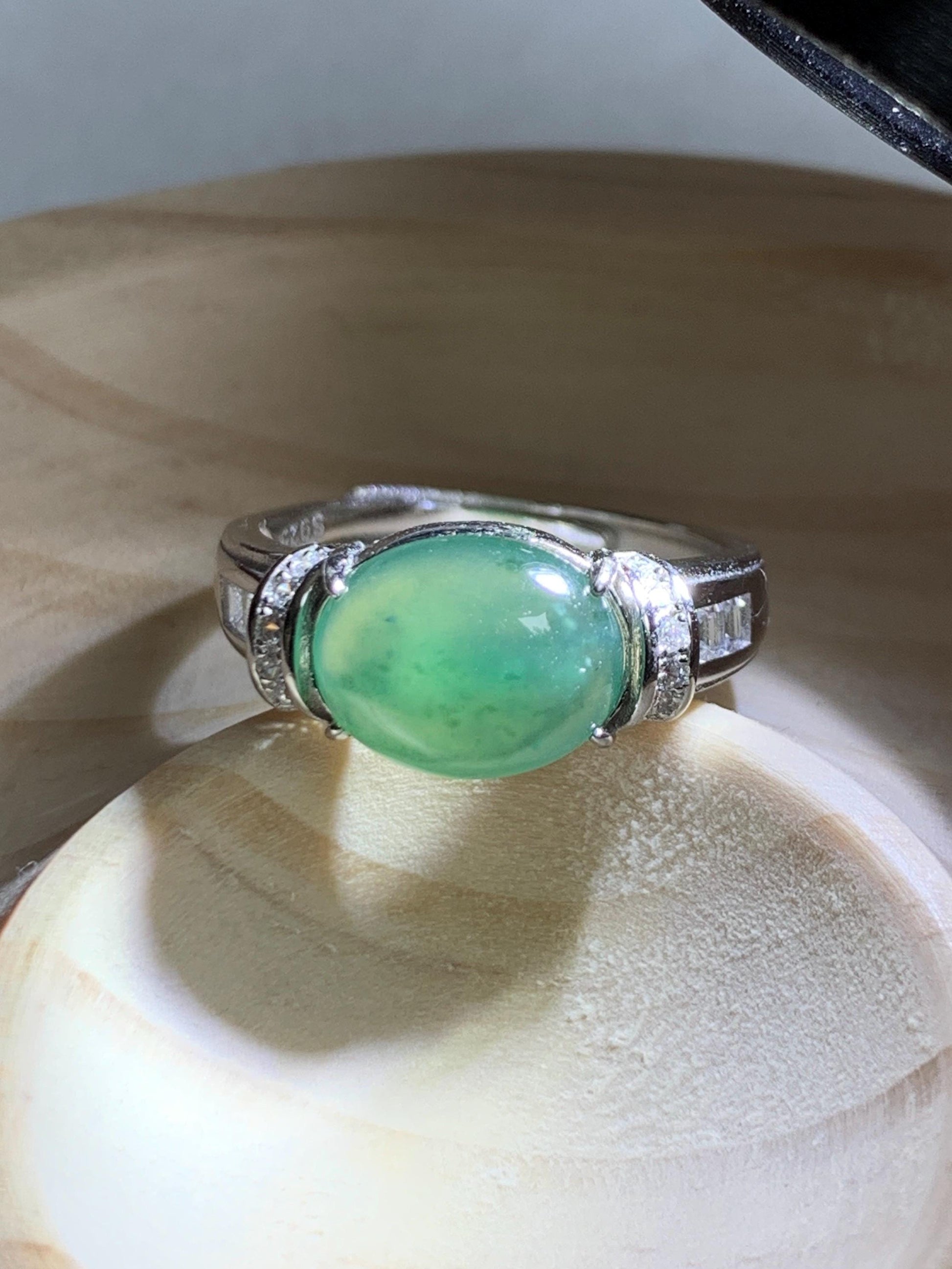 Natural Grade A Guatemalan Icy Highly Translucent Teal Green Oval Jade Jadeite Ring Sterling Silver Size 7 US 3g 天然冰危蓝绿翡翠银镶戒指 WTY128