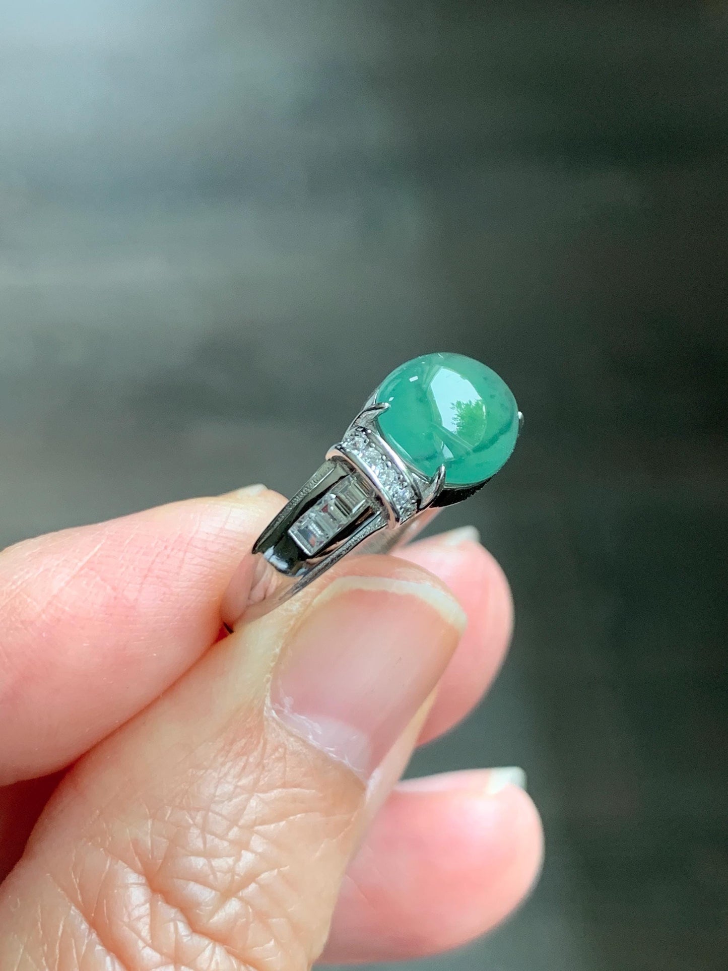 Natural Grade A Guatemalan Icy Highly Translucent Teal Green Oval Jade Jadeite Ring Sterling Silver Size 7 US 3g 天然冰危蓝绿翡翠银镶戒指 WTY128