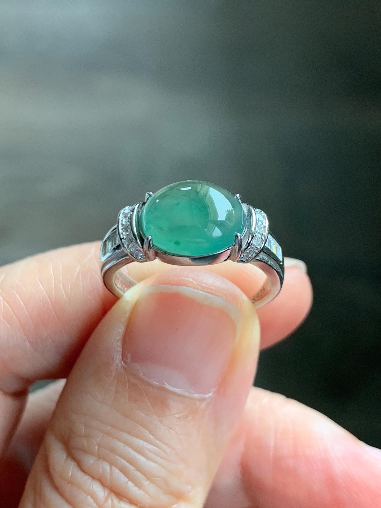 Natural Grade A Guatemalan Icy Highly Translucent Teal Green Oval Jade Jadeite Ring Sterling Silver Size 7 US 3g 天然冰危蓝绿翡翠银镶戒指 WTY128