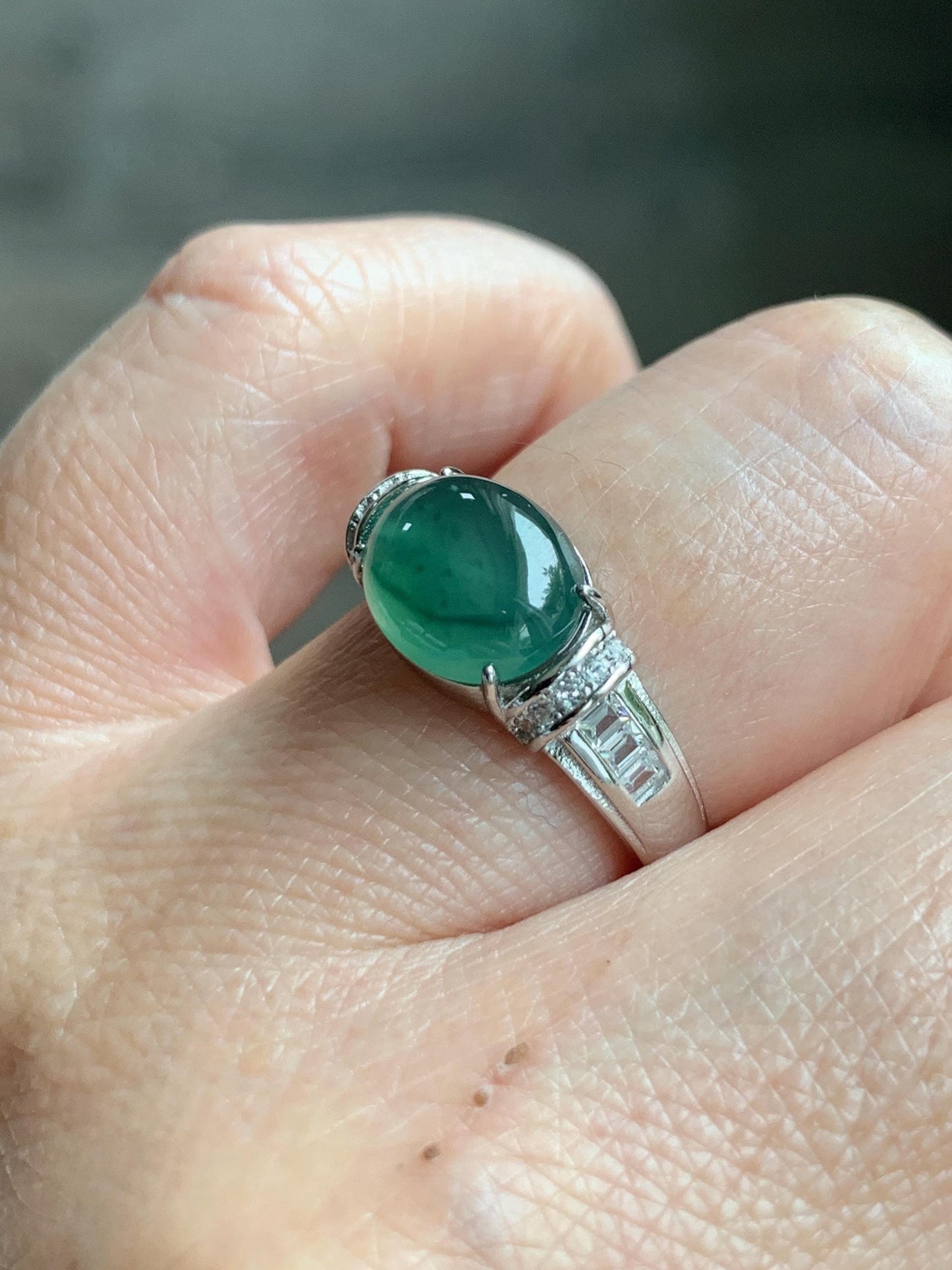 Natural Grade A Guatemalan Icy Highly Translucent Teal Green Oval Jade Jadeite Ring Sterling Silver Size 7 US 3g 天然冰危蓝绿翡翠银镶戒指 WTY128