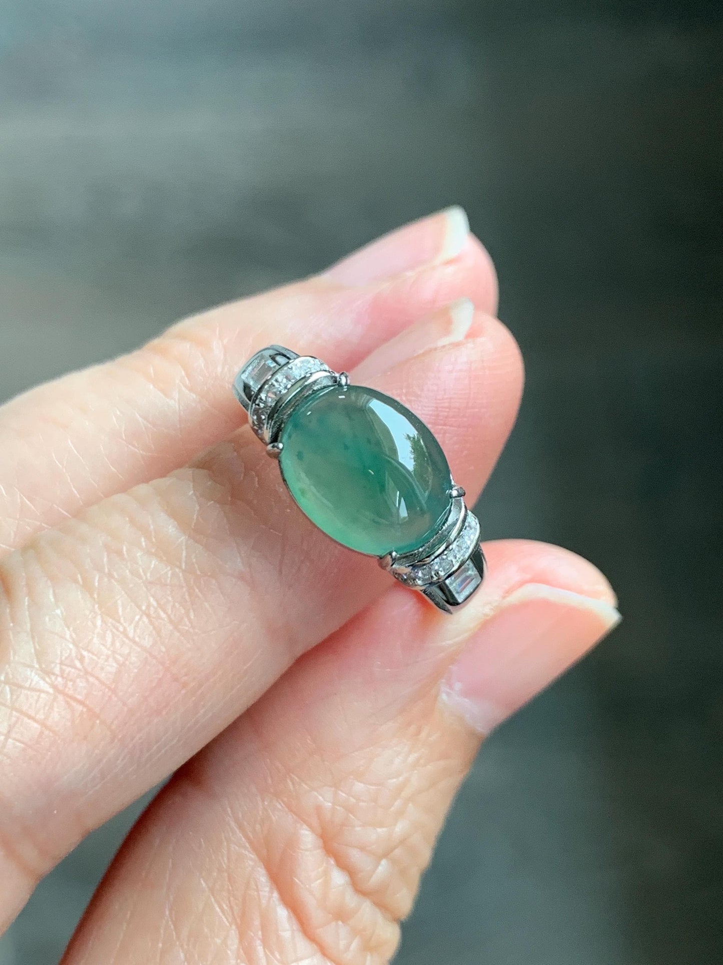 Natural Grade A Guatemalan Icy Highly Translucent Teal Green Oval Jade Jadeite Ring Sterling Silver Size 7 US 3g 天然冰危蓝绿翡翠银镶戒指 WTY128