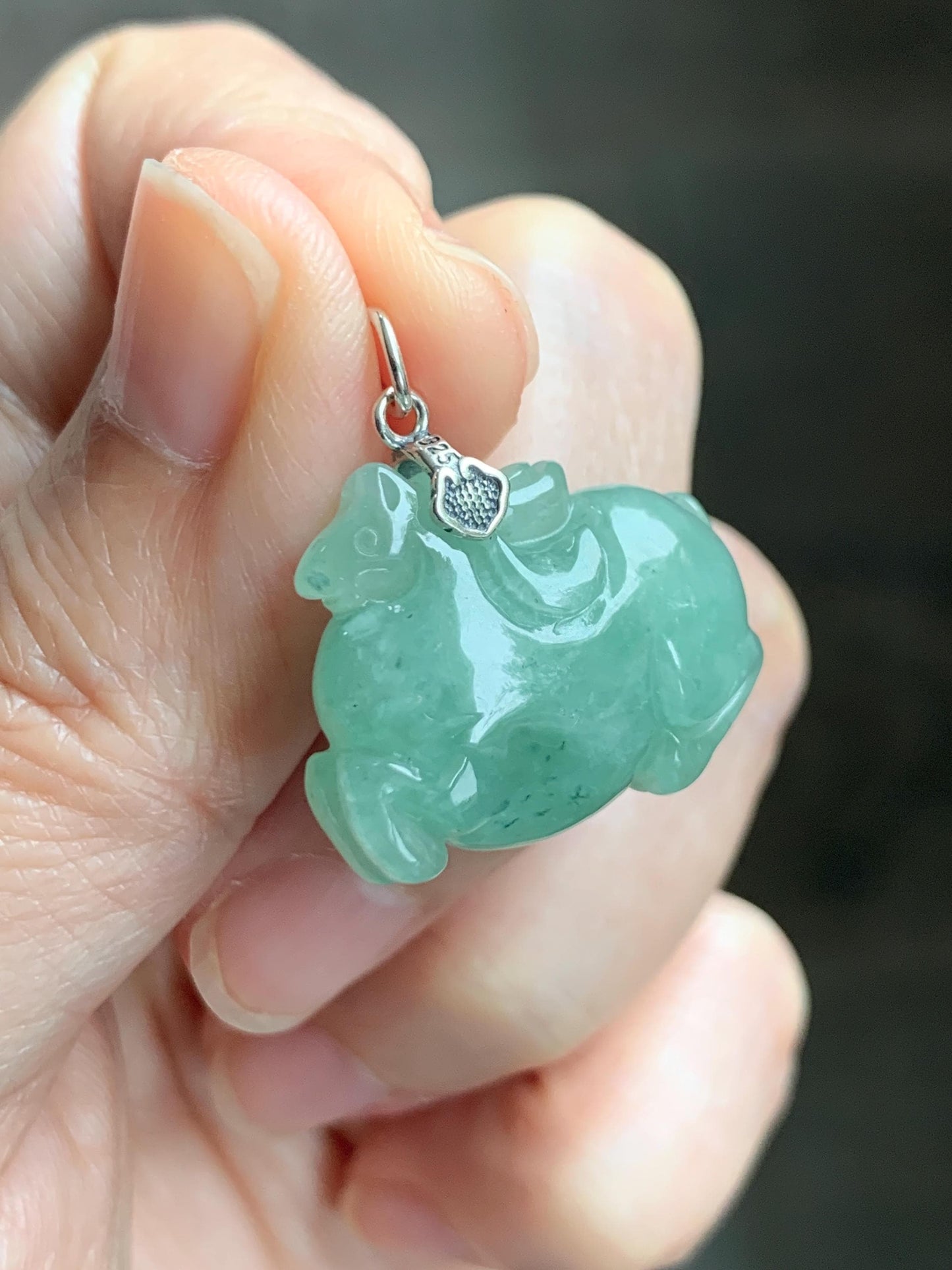 Natural Grade A Icy Translucent Icy Light Apple Green Jade Jadeite Carved Tang Horse Pendant Sterling Silver 8g 天然冰浅果绿翡翠唐马银镶吊坠 MGL160B