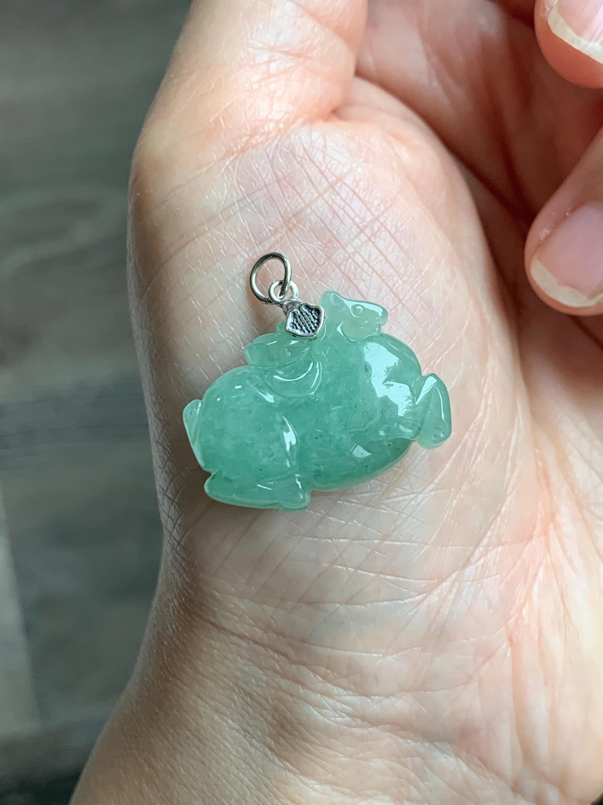 Natural Grade A Icy Translucent Icy Light Apple Green Jade Jadeite Carved Tang Horse Pendant Sterling Silver 8g 天然冰浅果绿翡翠唐马银镶吊坠 MGL160B