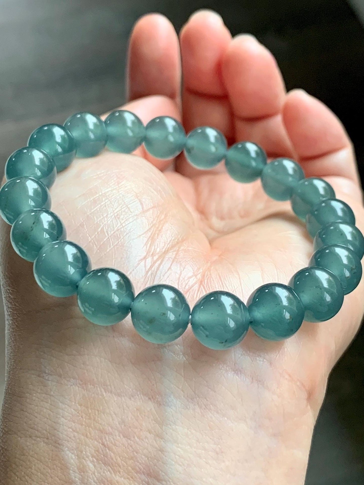Certified Natural Grade A Guatemalan Icy Highly Translucent Teal Green Jade Jadeite Beads Beaded Bracelet 9.7mm 7.25” 32g 天然冰胶起光危晴蓝翡翠手串 457