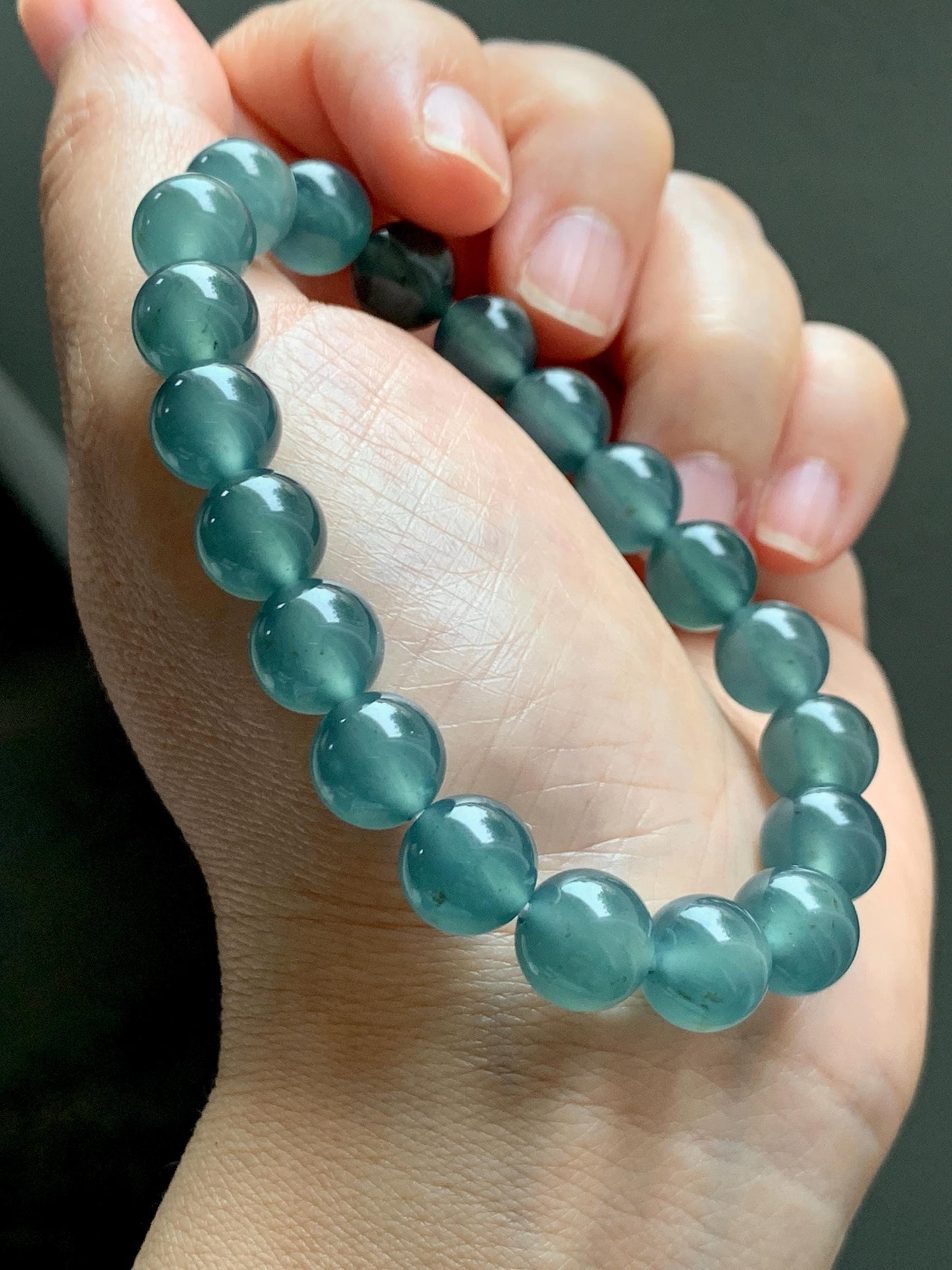 Certified Natural Grade A Guatemalan Icy Highly Translucent Teal Green Jade Jadeite Beads Beaded Bracelet 9.7mm 7.25” 32g 天然冰胶起光危晴蓝翡翠手串 457