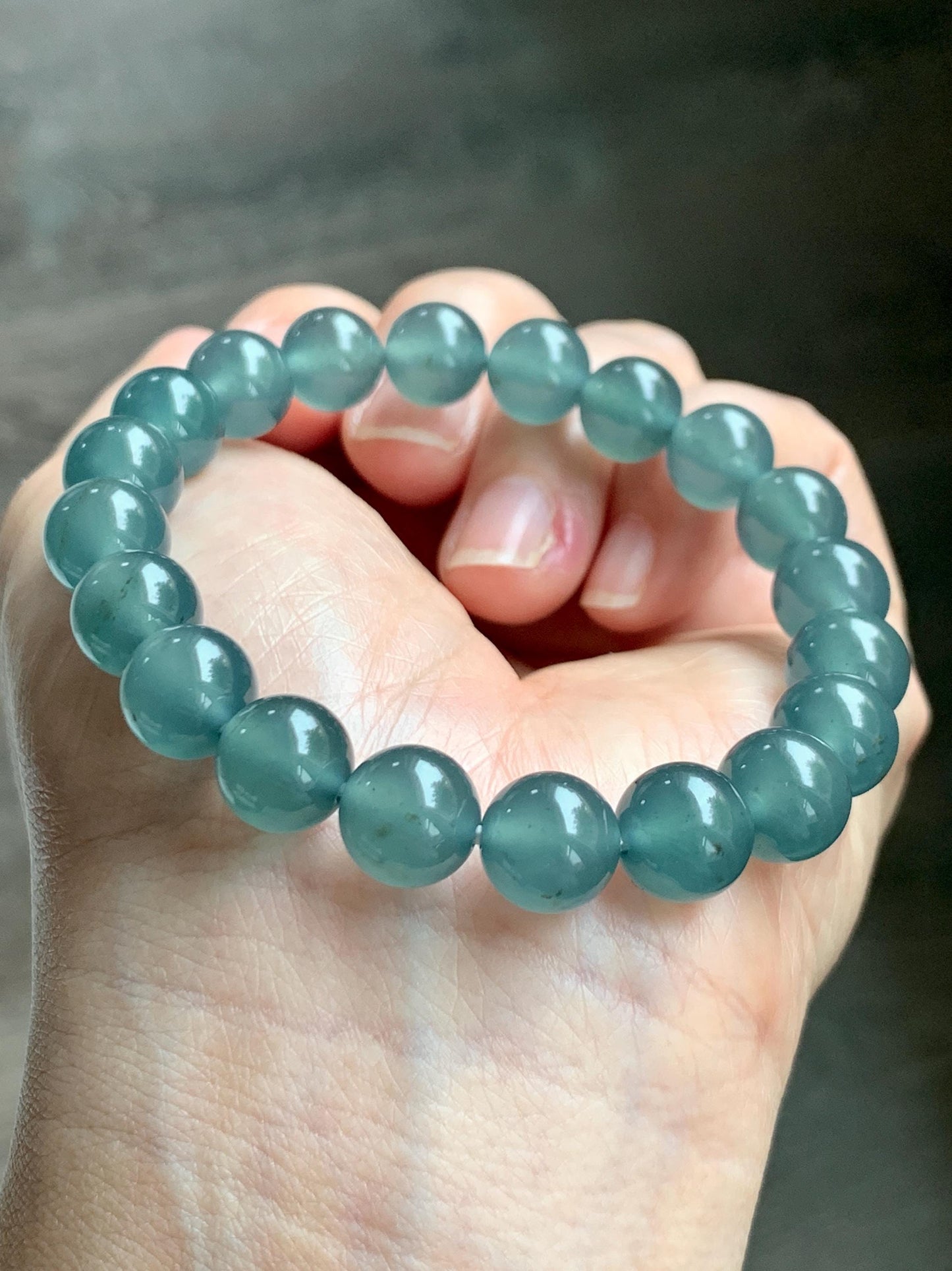 Certified Natural Grade A Guatemalan Icy Highly Translucent Teal Green Jade Jadeite Beads Beaded Bracelet 9.7mm 7.25” 32g 天然冰胶起光危晴蓝翡翠手串 457