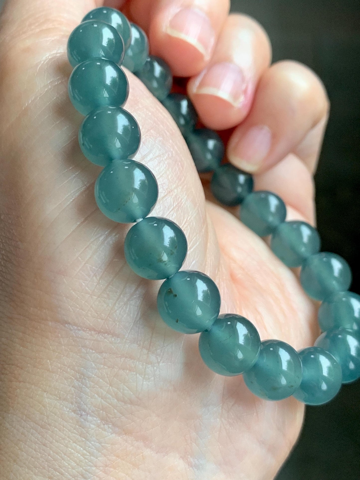Certified Natural Grade A Guatemalan Icy Highly Translucent Teal Green Jade Jadeite Beads Beaded Bracelet 9.7mm 7.25” 32g 天然冰胶起光危晴蓝翡翠手串 457