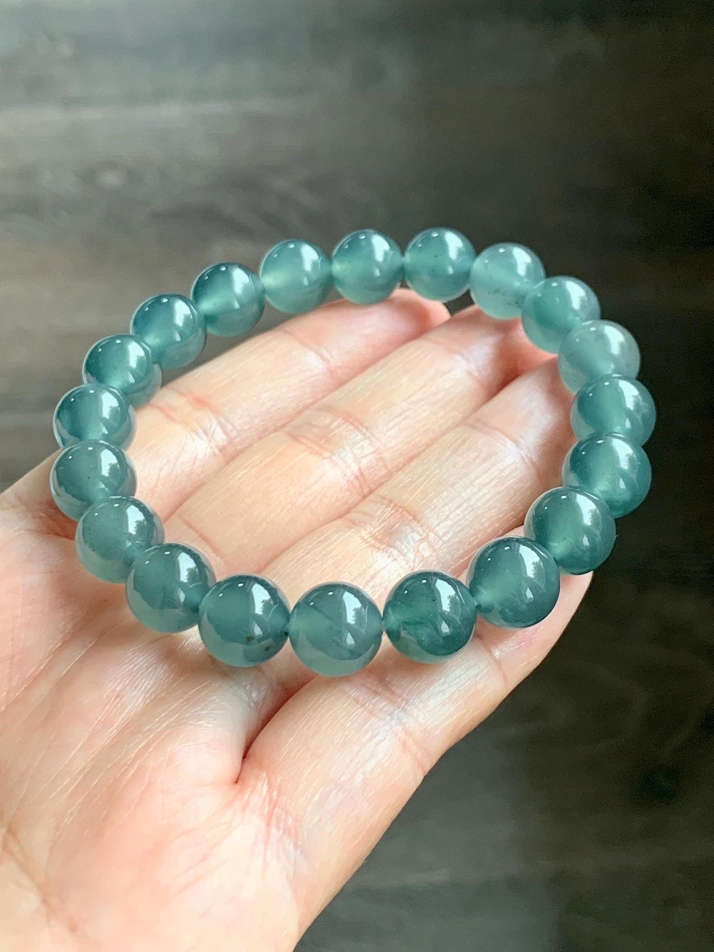 Certified Natural Grade A Guatemalan Icy Highly Translucent Teal Green Jade Jadeite Beads Beaded Bracelet 9.7mm 7.25” 32g 天然冰胶起光危晴蓝翡翠手串 458
