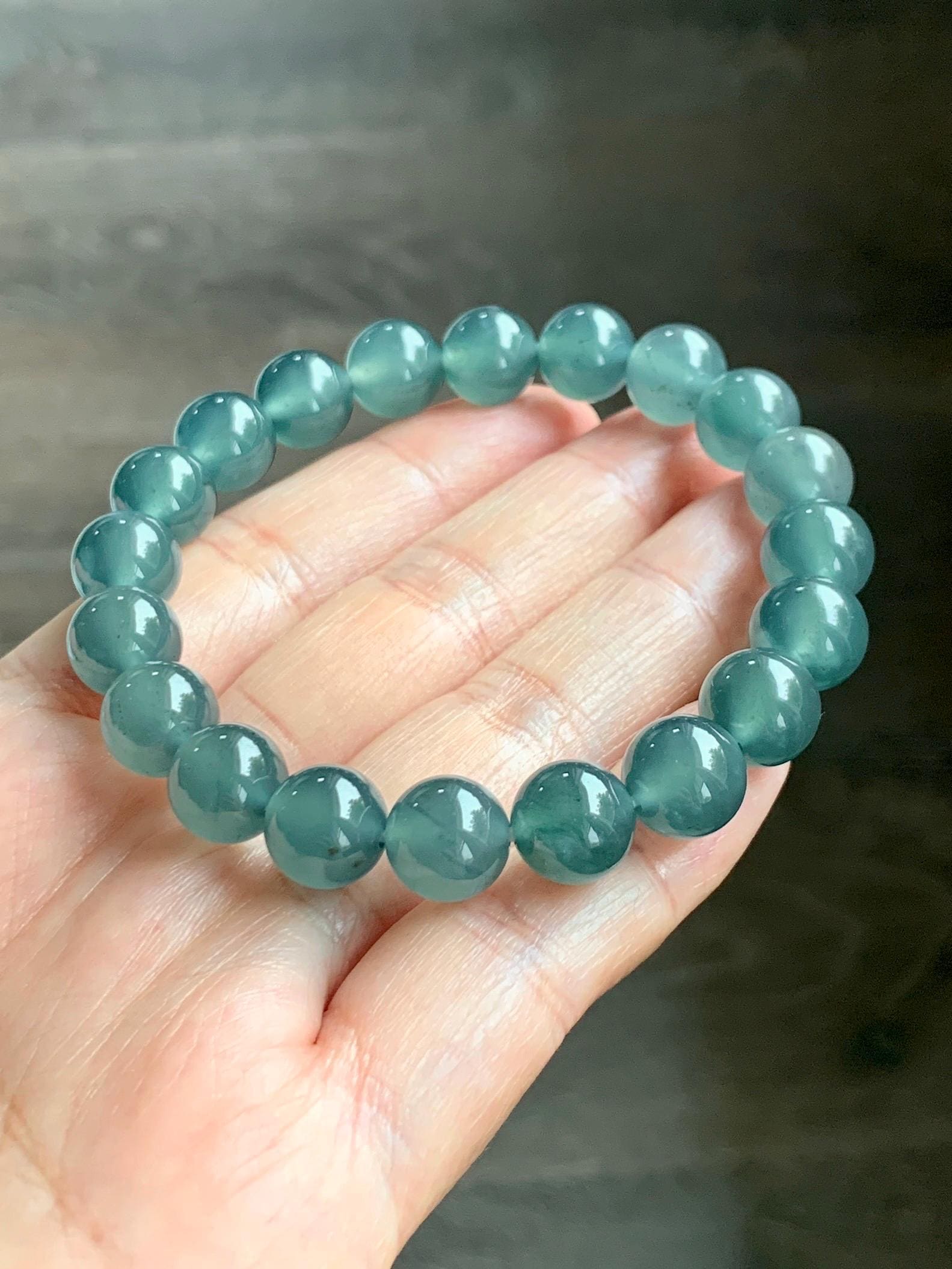 Certified Natural Grade A Guatemalan Icy Highly Translucent Teal Green Jade Jadeite Beads Beaded Bracelet 9.7mm 7.25” 32g 天然冰胶起光危晴蓝翡翠手串 458