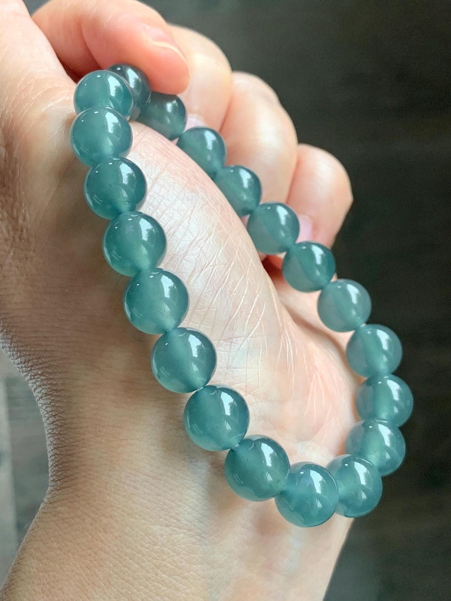 Certified Natural Grade A Guatemalan Icy Highly Translucent Teal Green Jade Jadeite Beads Beaded Bracelet 9.7mm 7.25” 32g 天然冰胶起光危晴蓝翡翠手串 458