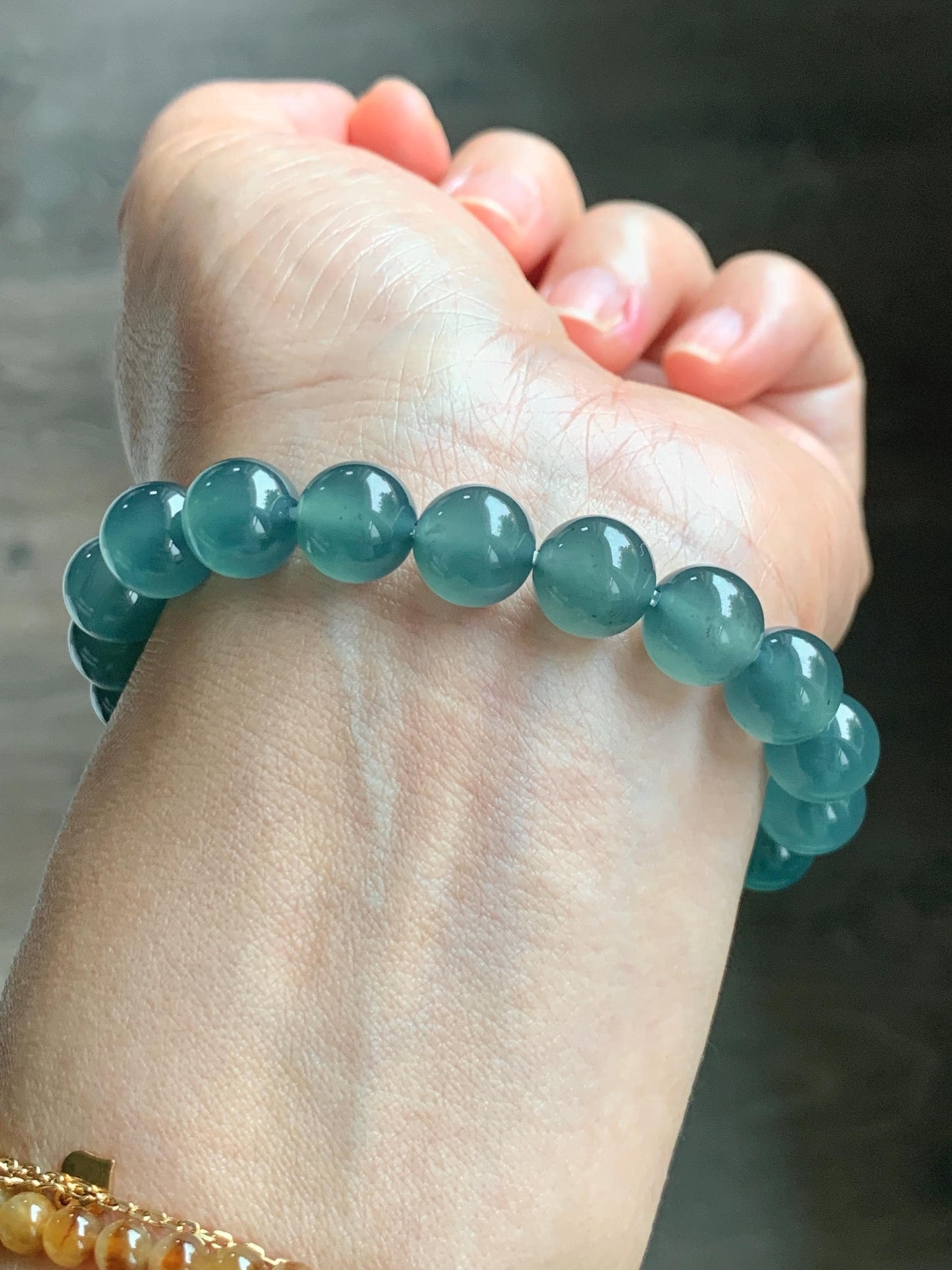 Certified Natural Grade A Guatemalan Icy Highly Translucent Teal Green Jade Jadeite Beads Beaded Bracelet 9.7mm 7.25” 32g 天然冰胶起光危晴蓝翡翠手串 458