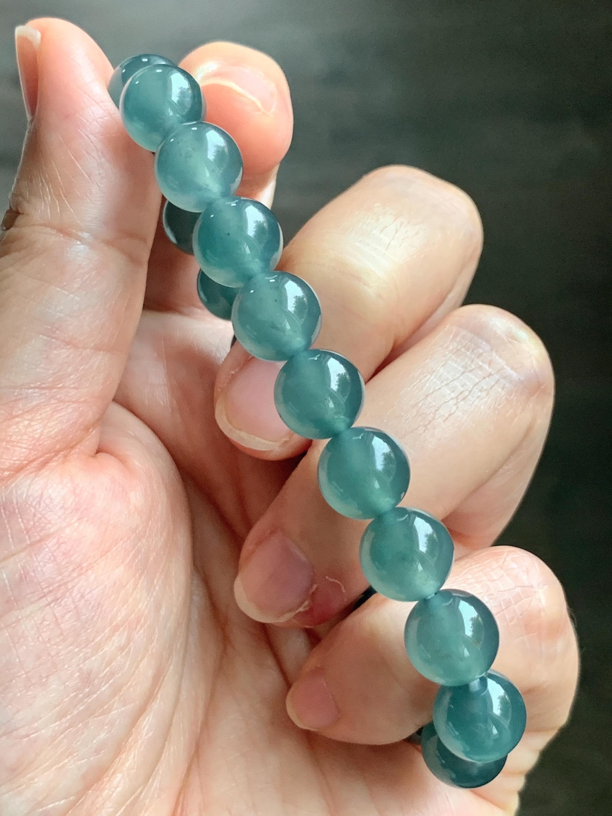 Certified Natural Grade A Guatemalan Icy Highly Translucent Teal Green Jade Jadeite Beads Beaded Bracelet 9.7mm 7.25” 32g 天然冰胶起光危晴蓝翡翠手串 458