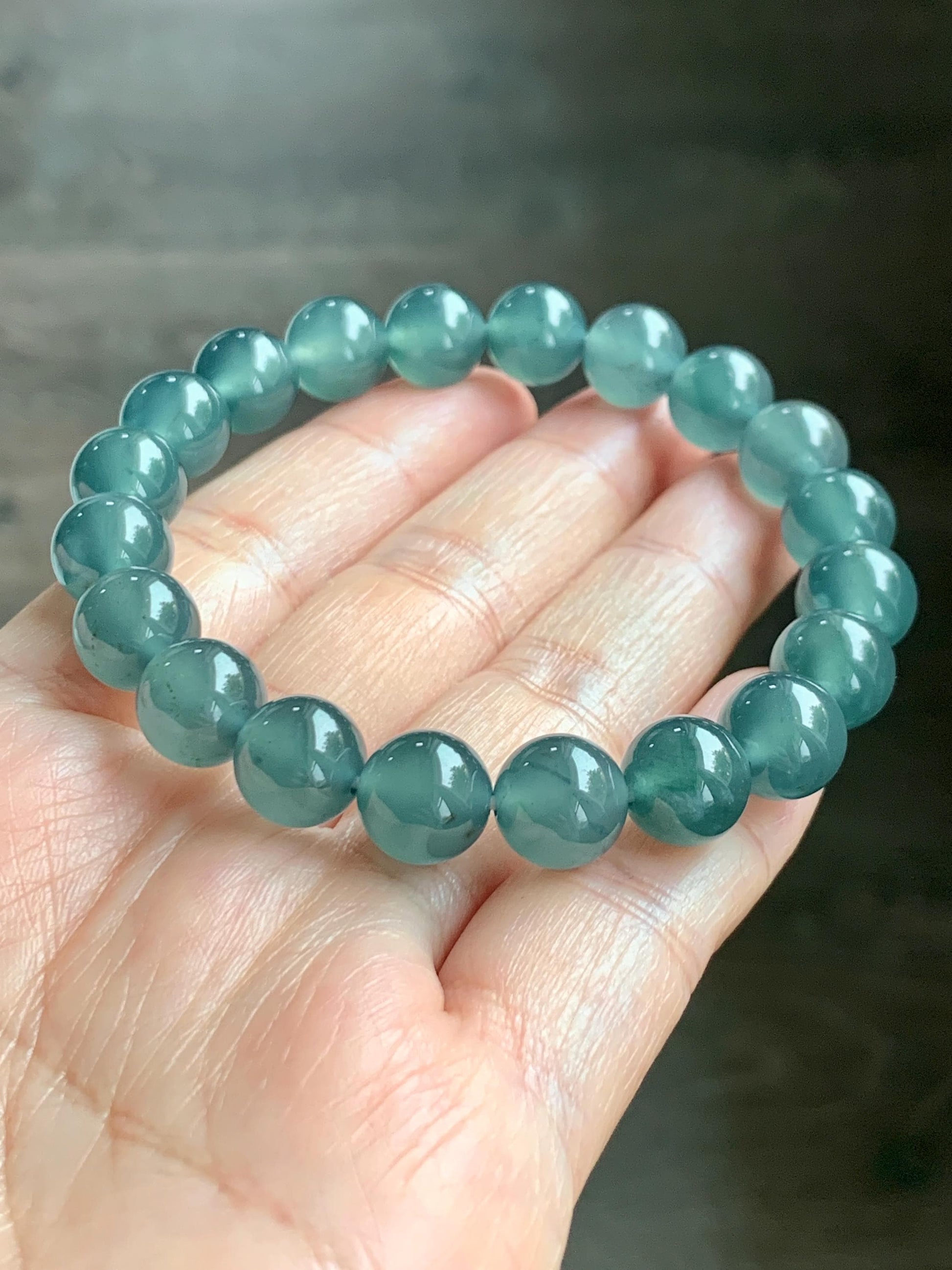 Certified Natural Grade A Guatemalan Icy Highly Translucent Teal Green Jade Jadeite Beads Beaded Bracelet 9.7mm 7.25” 32g 天然冰胶起光危晴蓝翡翠手串 458