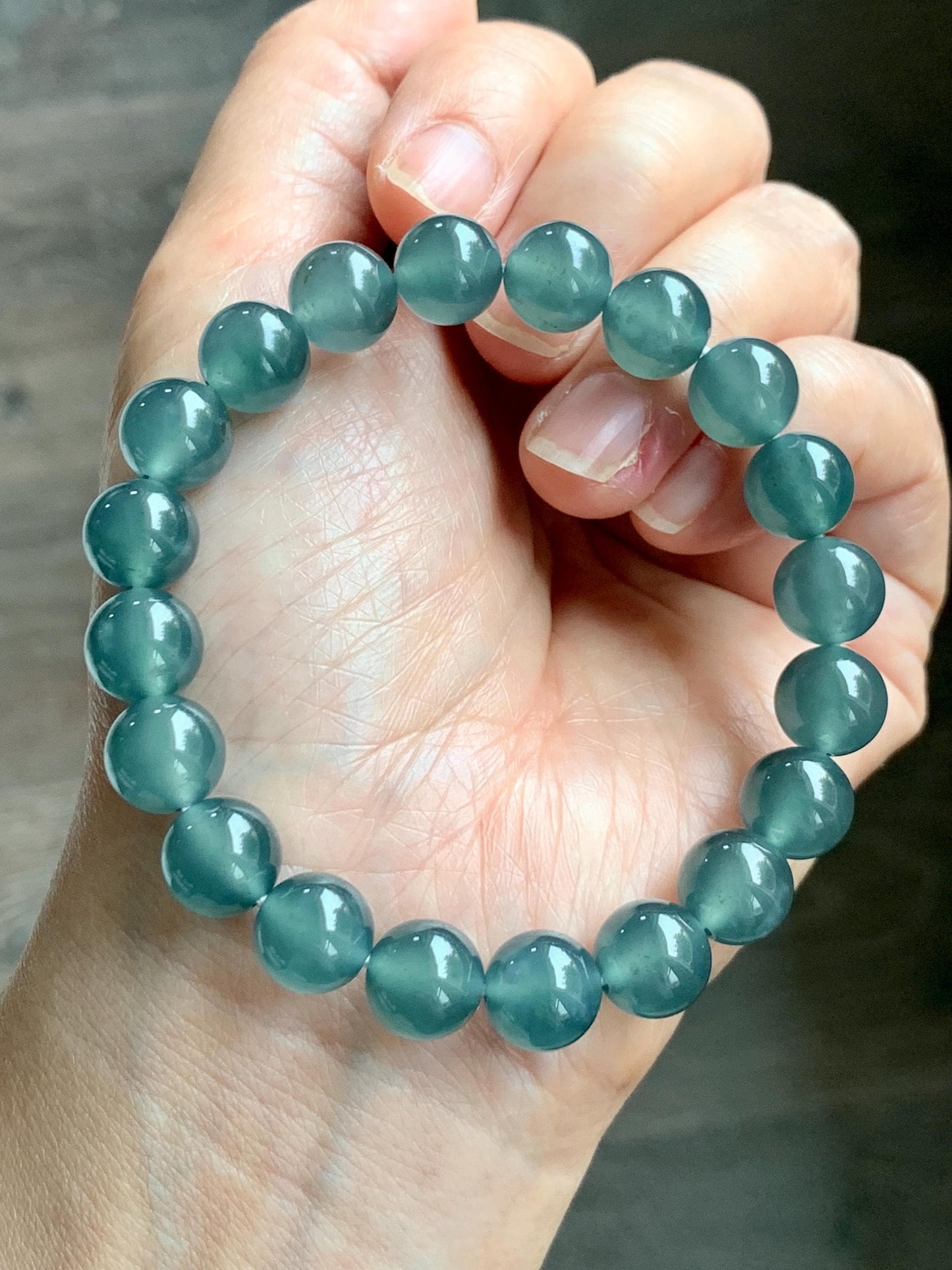 Certified Natural Grade A Guatemalan Icy Highly Translucent Teal Green Jade Jadeite Beads Beaded Bracelet 9.7mm 7.25” 32g 天然冰胶起光危晴蓝翡翠手串 458