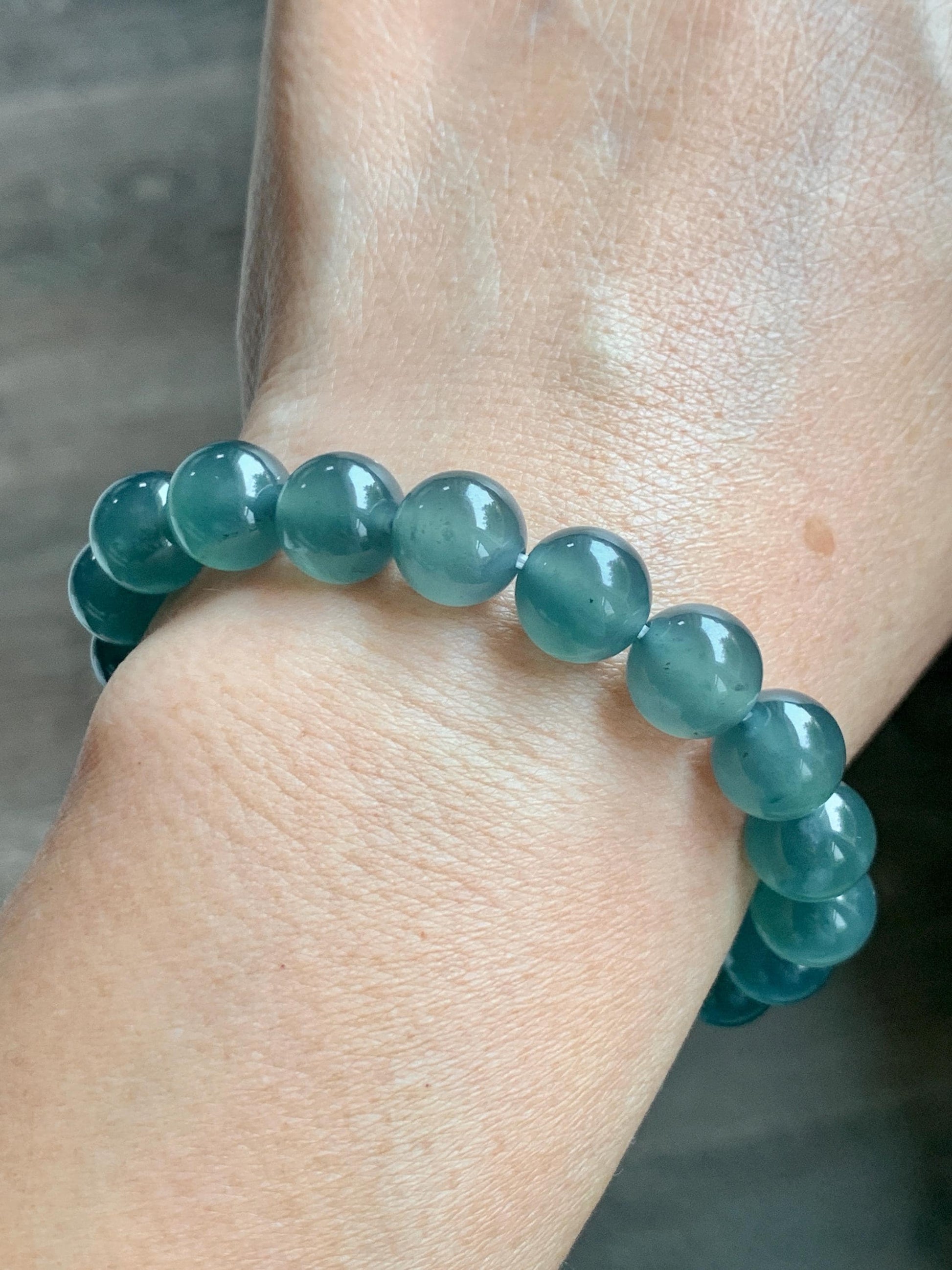 Certified Natural Grade A Guatemalan Icy Highly Translucent Teal Green Jade Jadeite Beads Beaded Bracelet 9.7mm 7.25” 32g 天然冰胶起光危晴蓝翡翠手串 458