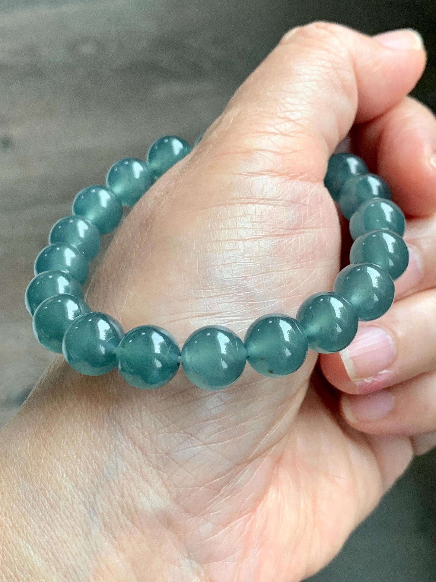 Certified Natural Grade A Guatemalan Icy Highly Translucent Teal Green Jade Jadeite Beads Beaded Bracelet 9.7mm 7.25” 32g 天然冰胶起光危晴蓝翡翠手串 458