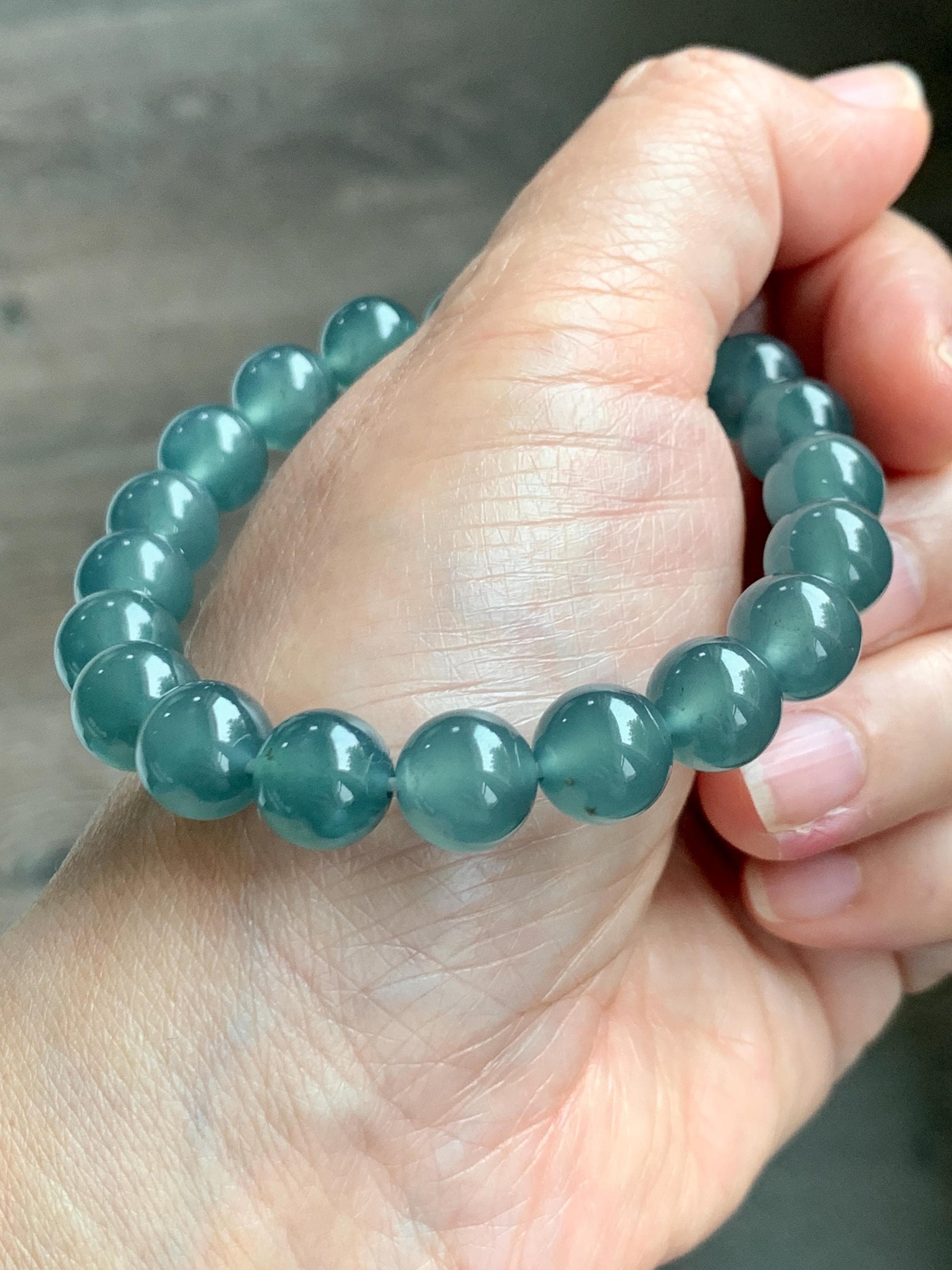 Certified Natural Grade A Guatemalan Icy Highly Translucent Teal Green Jade Jadeite Beads Beaded Bracelet 9.7mm 7.25” 32g 天然冰胶起光危晴蓝翡翠手串 458