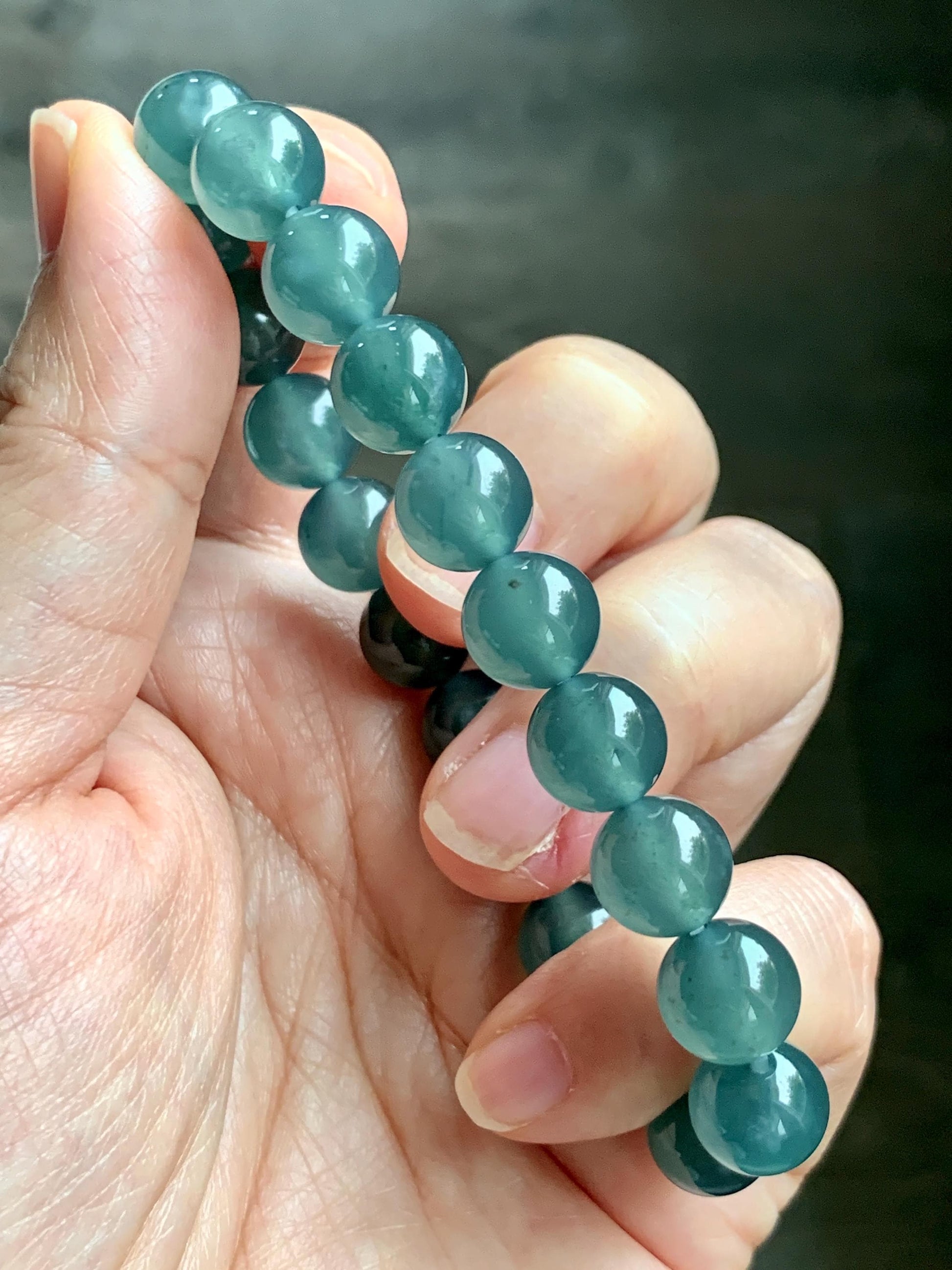 Certified Natural Grade A Guatemalan Icy Highly Translucent Teal Green Jade Jadeite Beads Beaded Bracelet 9.7mm 7.25” 32g 天然冰胶起光危晴蓝翡翠手串 458