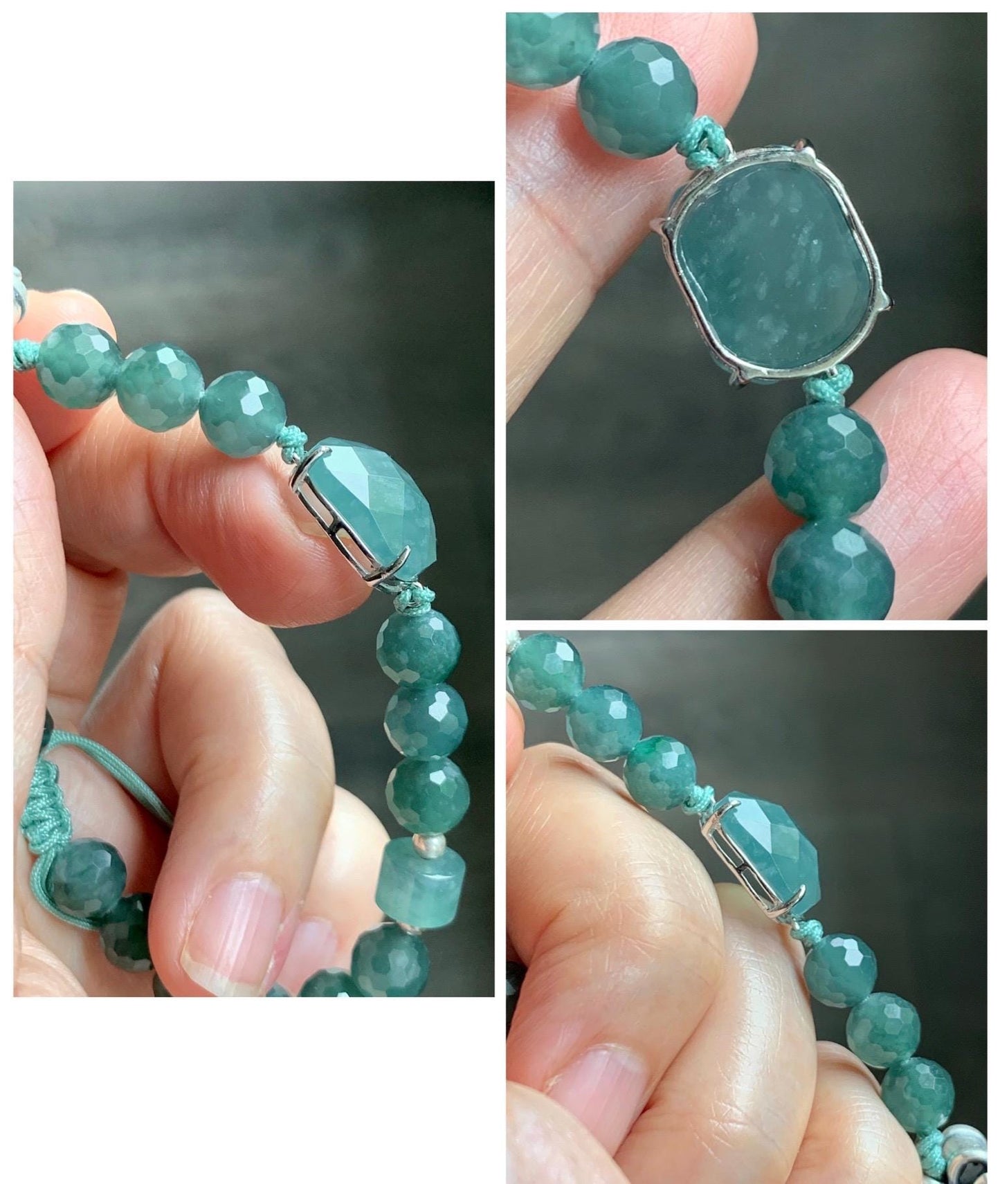 Natural Guatemalan Grade A Icy Translucent Dusty Teal Blue Jade Jadeite Cabochon & Beads Beaded Bracelet 7" 17g 天然冰危蓝绿翡翠切割面蛋面圆珠手串 WQG228