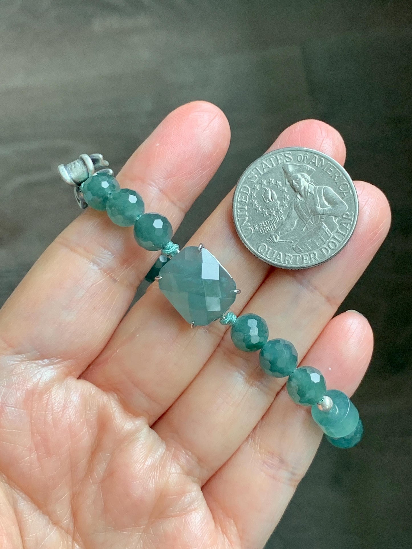 Natural Guatemalan Grade A Icy Translucent Dusty Teal Blue Jade Jadeite Cabochon & Beads Beaded Bracelet 7" 17g 天然冰危蓝绿翡翠切割面蛋面圆珠手串 WQG228