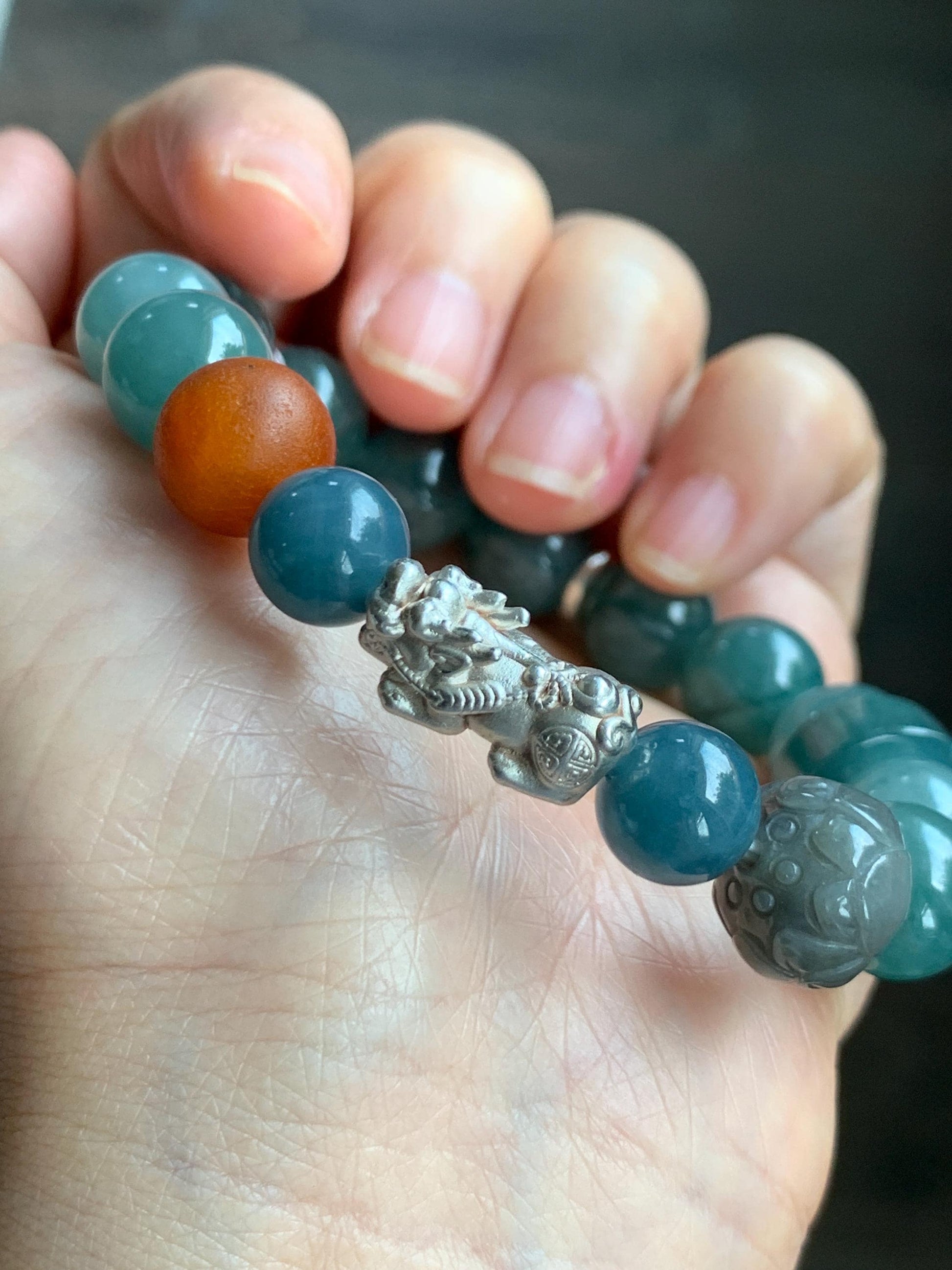Natural Grade A Guatemalan Icy Dark Dusty Teal Green Jade Jadeite Dragon Bead Beaded Bracelet Sterling Silver 7” 41g 天然冰危暗蓝绿翡翠龙珠手串 WDI298