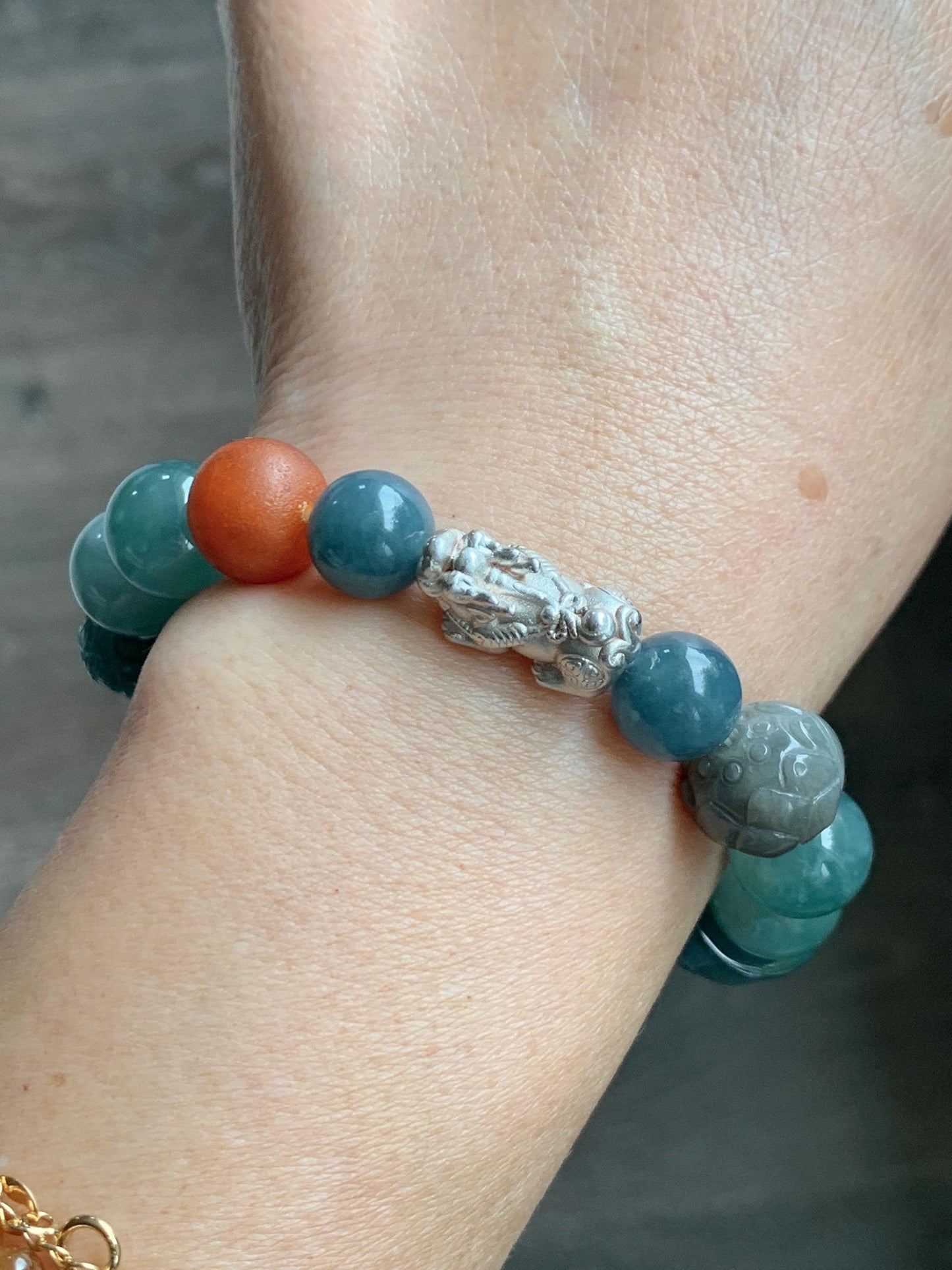 Natural Grade A Guatemalan Icy Dark Dusty Teal Green Jade Jadeite Dragon Bead Beaded Bracelet Sterling Silver 7” 41g 天然冰危暗蓝绿翡翠龙珠手串 WDI298