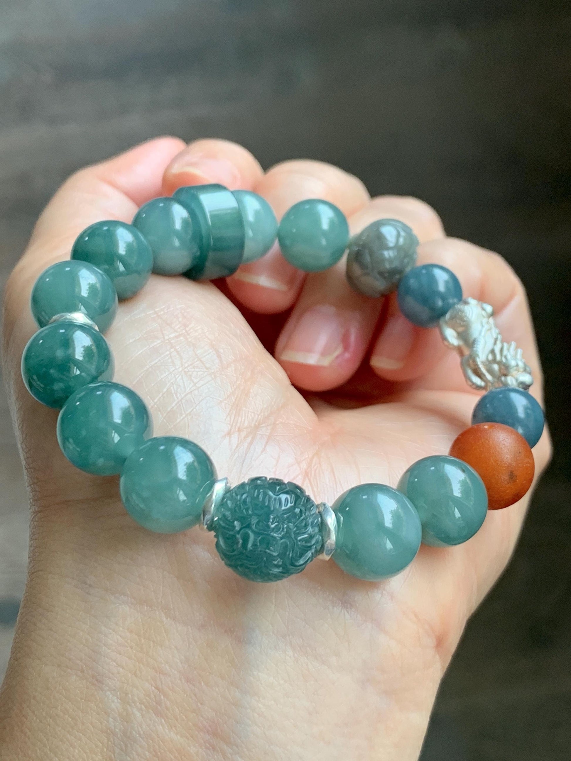 Natural Grade A Guatemalan Icy Dark Dusty Teal Green Jade Jadeite Dragon Bead Beaded Bracelet Sterling Silver 7” 41g 天然冰危暗蓝绿翡翠龙珠手串 WDI298