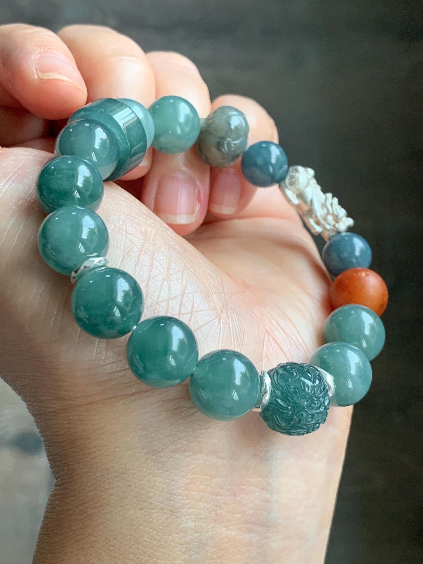 Natural Grade A Guatemalan Icy Dark Dusty Teal Green Jade Jadeite Dragon Bead Beaded Bracelet Sterling Silver 7” 41g 天然冰危暗蓝绿翡翠龙珠手串 WDI298